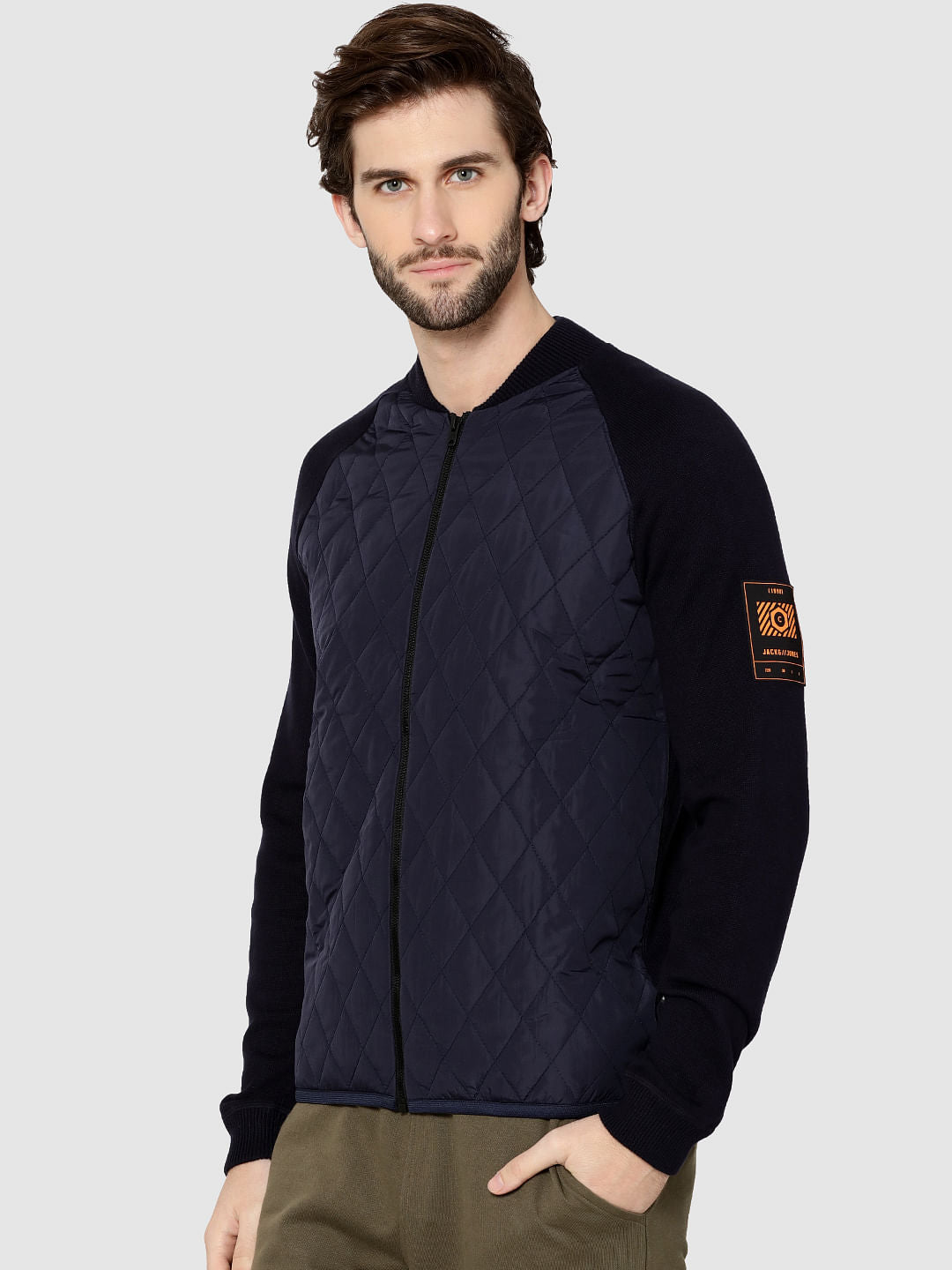Dark Blue Quilted Bomber Cardigan