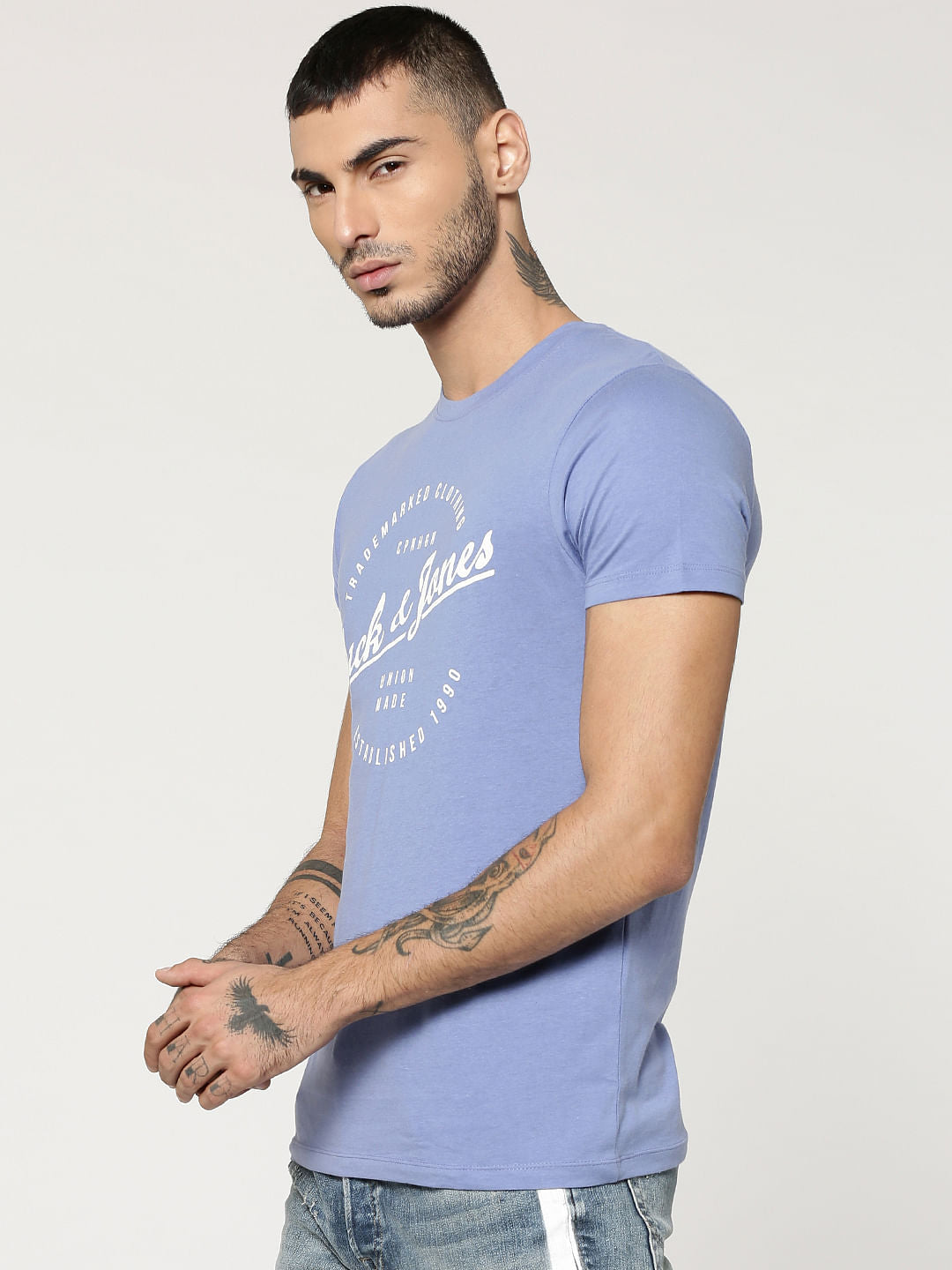 Blue Text Print Crew Neck T-Shirt