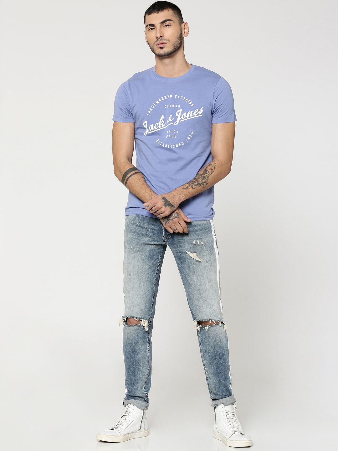 Blue Text Print Crew Neck T-Shirt