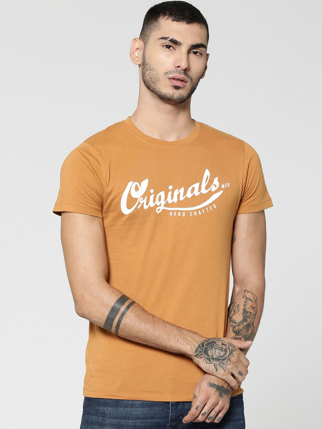 Brown Original Text Print Crew Neck T-Shirt - S