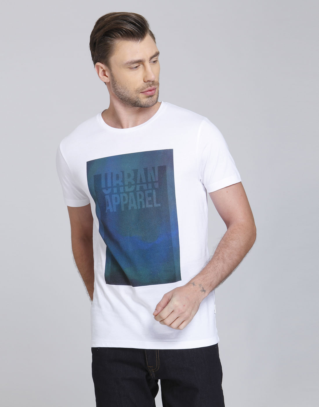 White & Blue Graphic Print Crew Neck T-Shirt - S