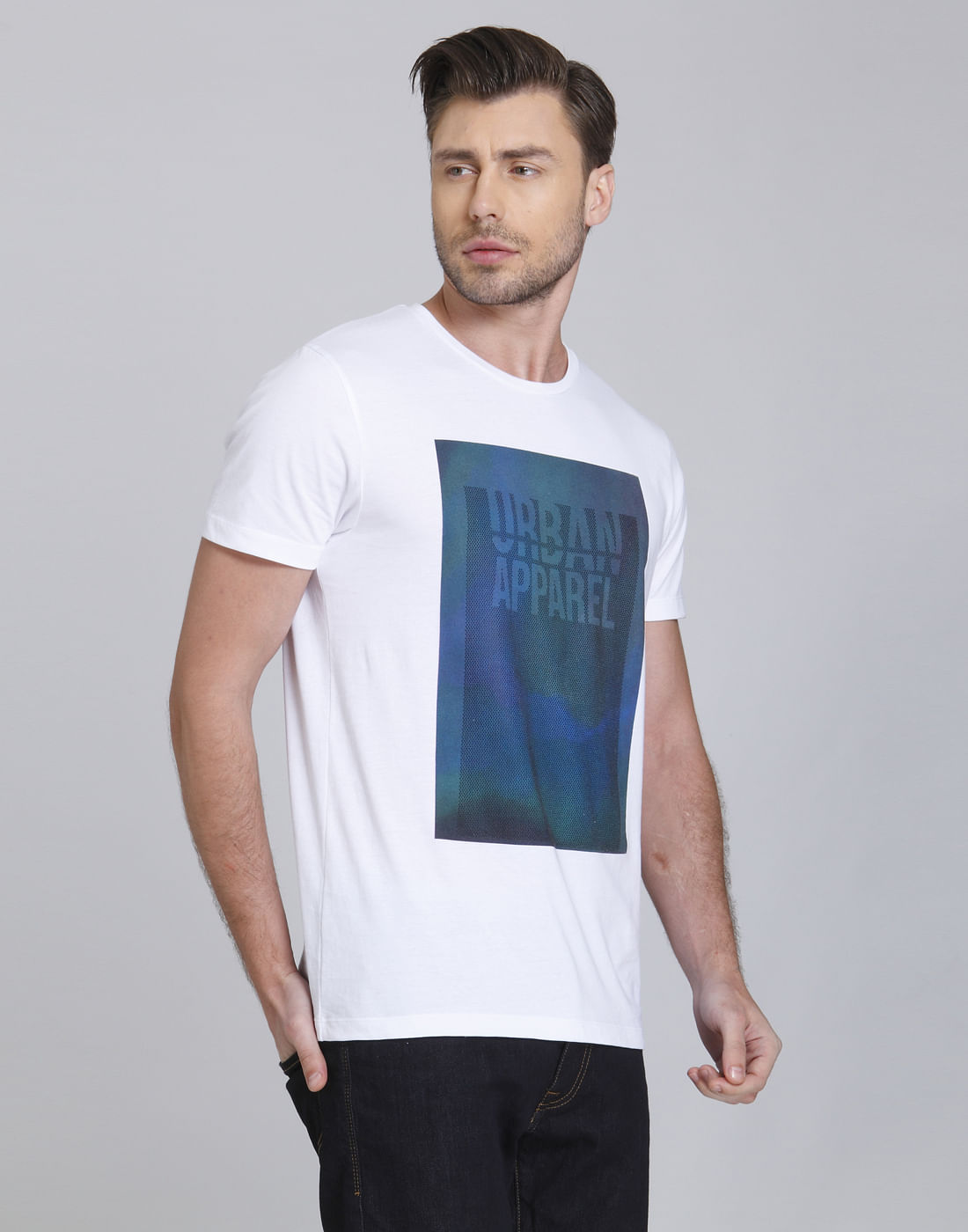 White & Blue Graphic Print Crew Neck T-Shirt