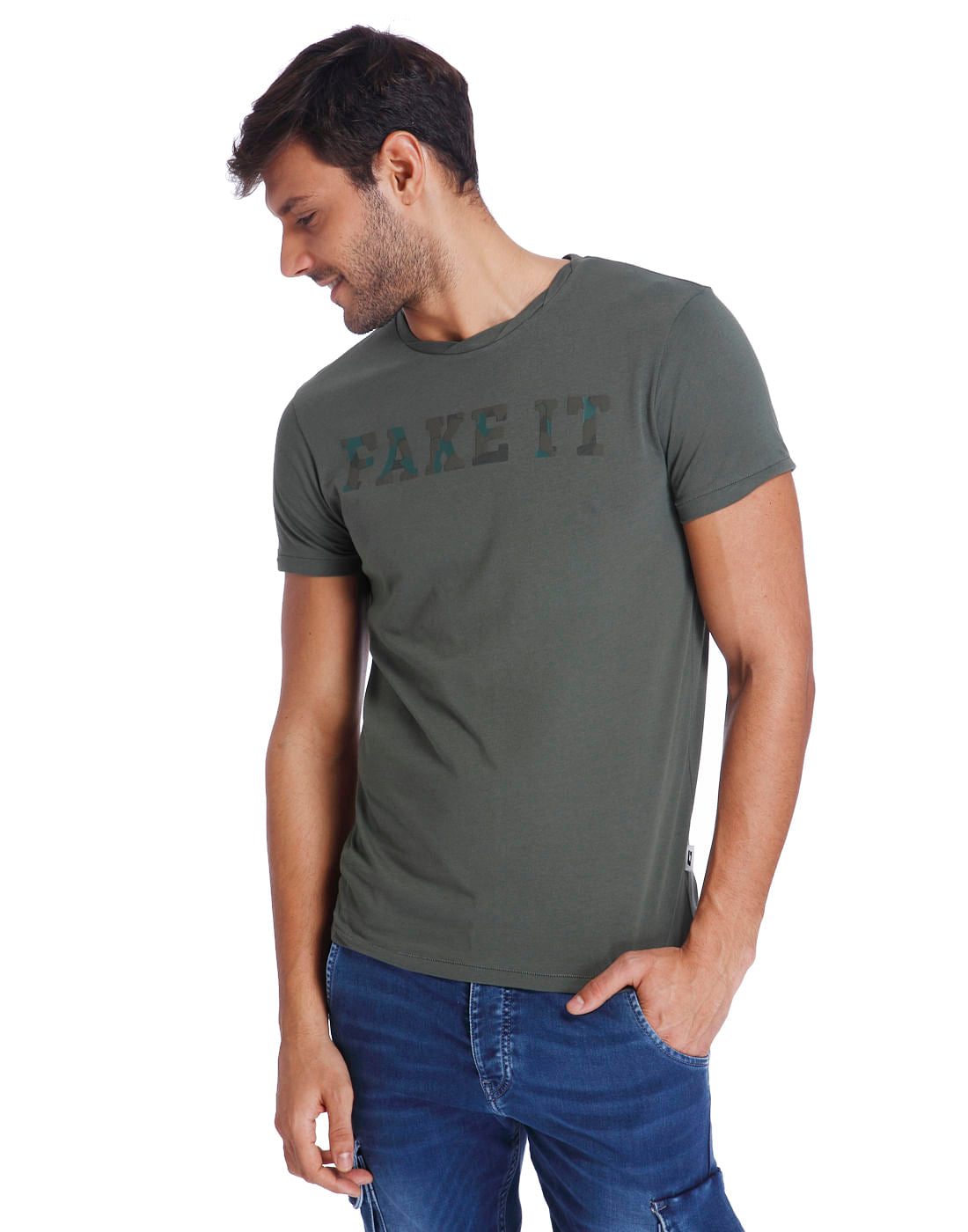 Green Text Print Crew Neck T-Shirt - S