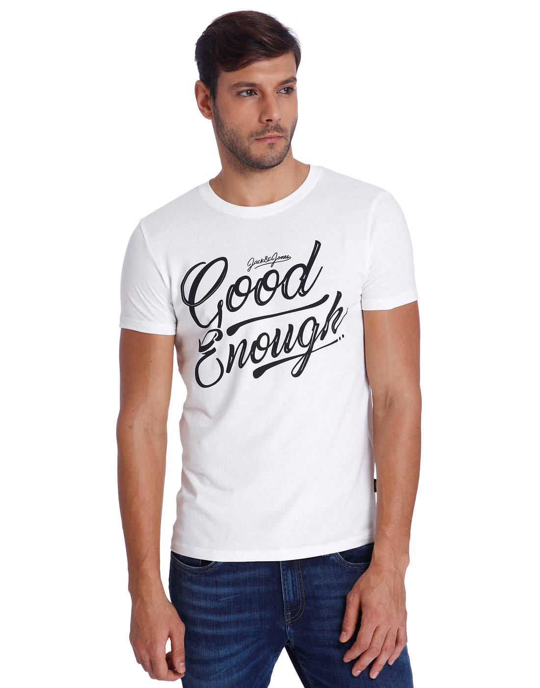 White Text Print Crew Neck T-Shirt - S