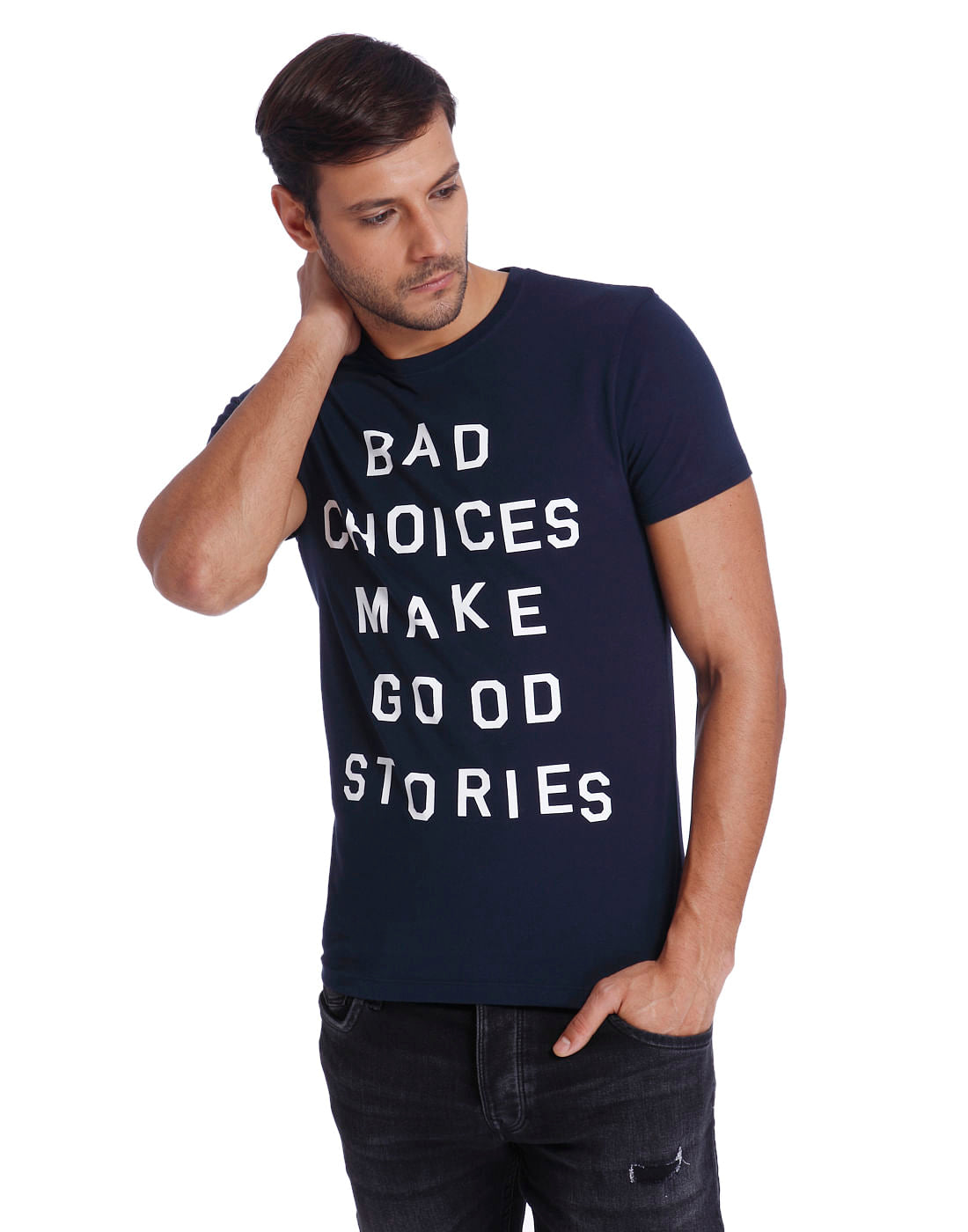 Blue Text Print Crew Neck T-Shirt - S
