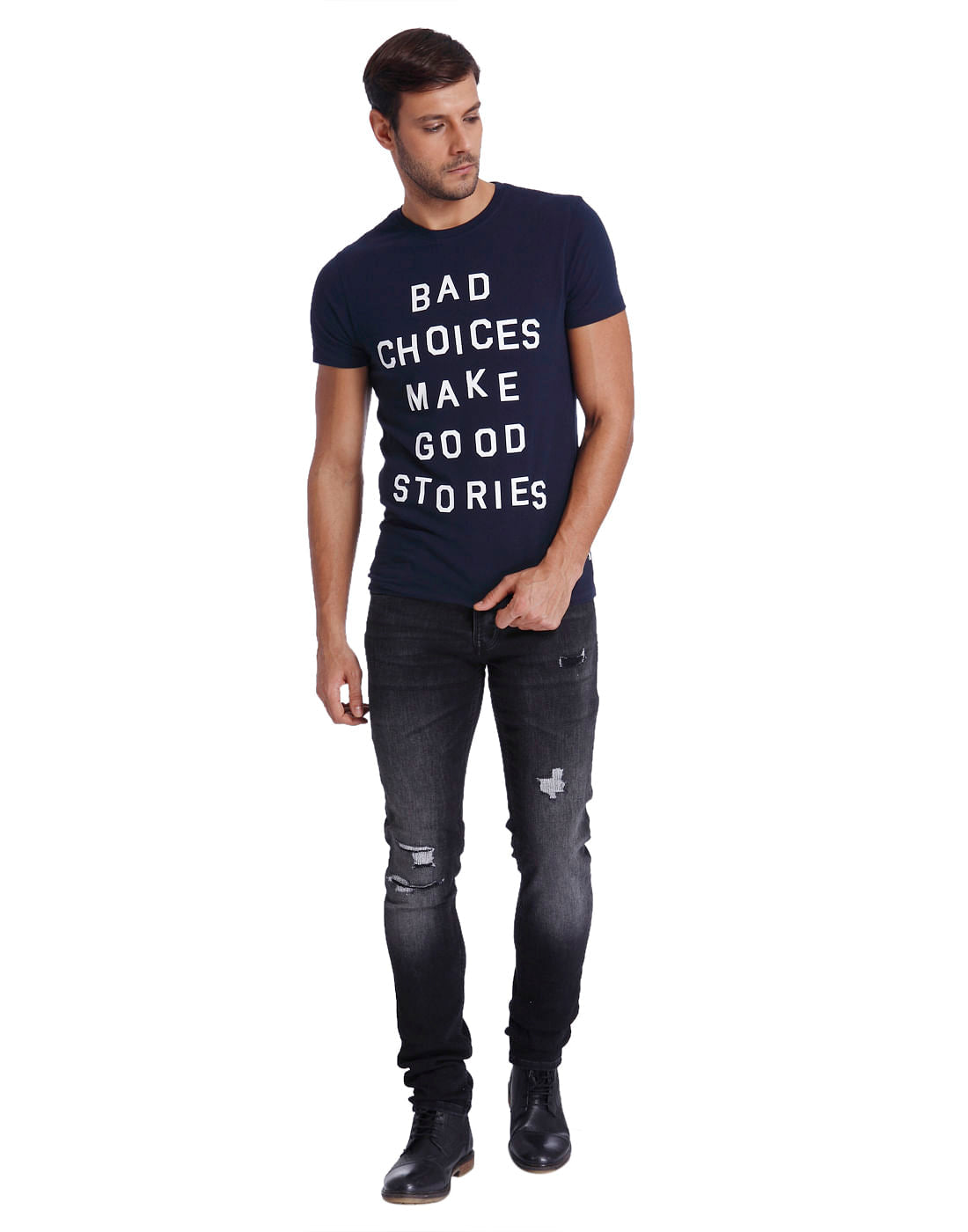 Blue Text Print Crew Neck T-Shirt
