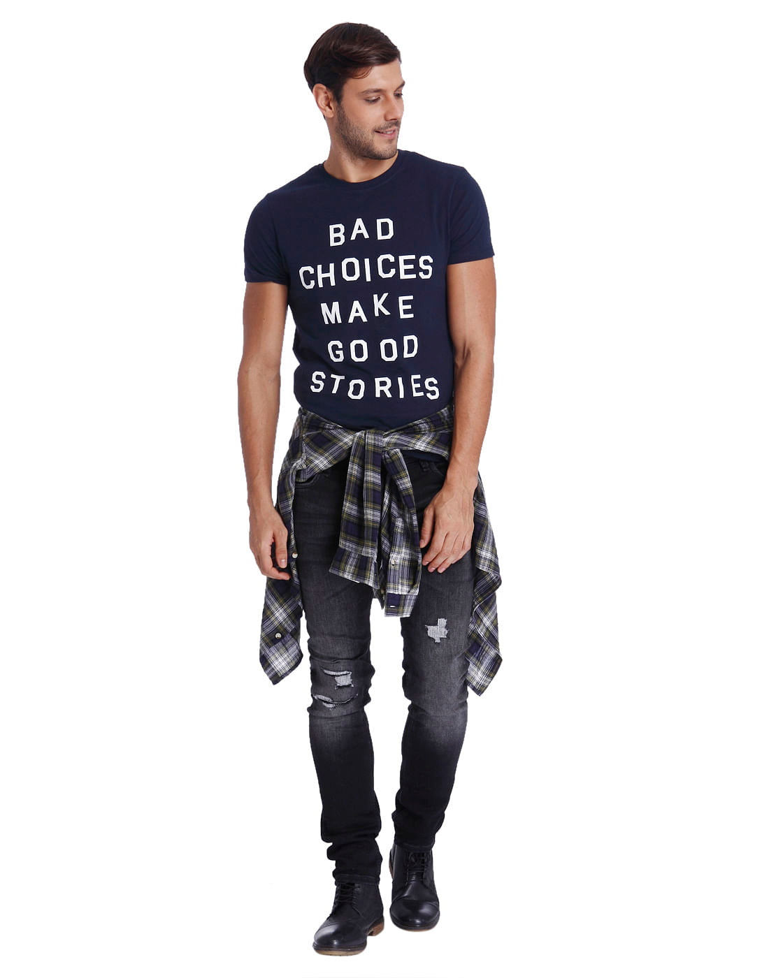 Blue Text Print Crew Neck T-Shirt