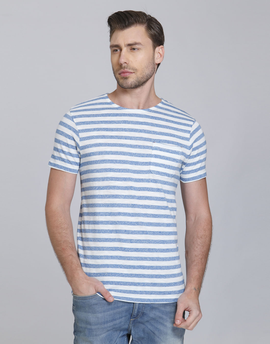 Blue And White Striped Crew Neck T-Shirt