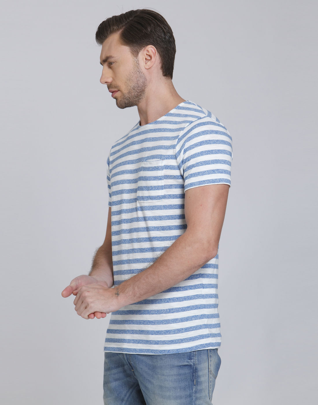 Blue And White Striped Crew Neck T-Shirt