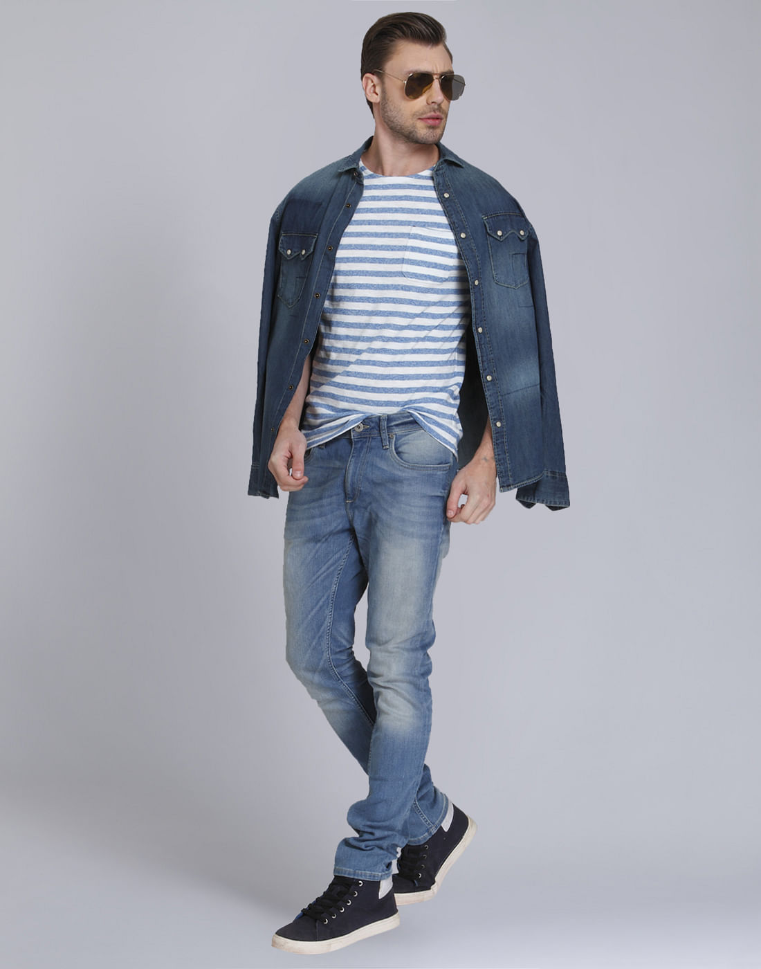 Blue And White Striped Crew Neck T-Shirt