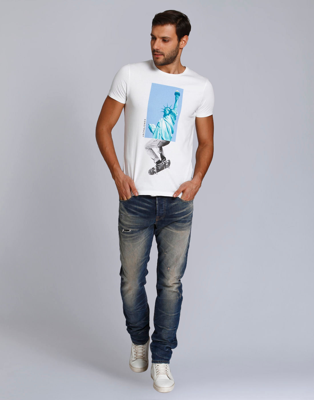White Statue Of Liberty Print Crew Neck T-Shirt