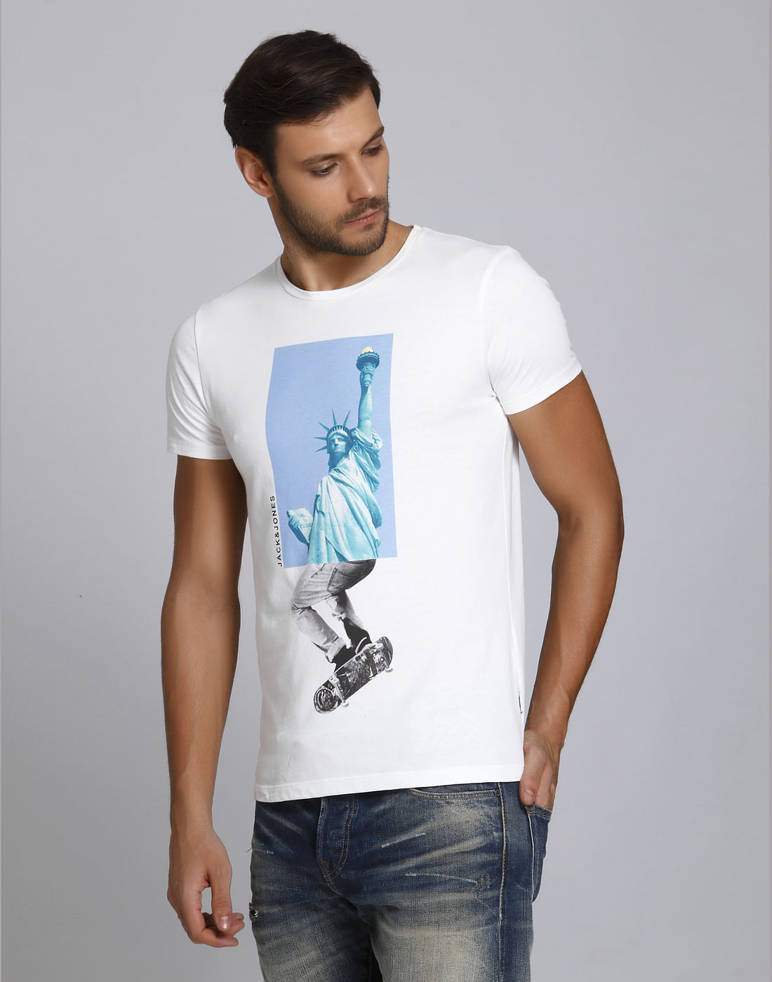 White Statue Of Liberty Print Crew Neck T-Shirt