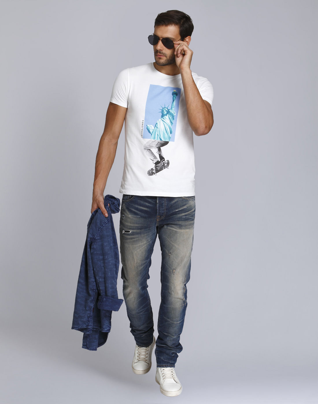 White Statue Of Liberty Print Crew Neck T-Shirt