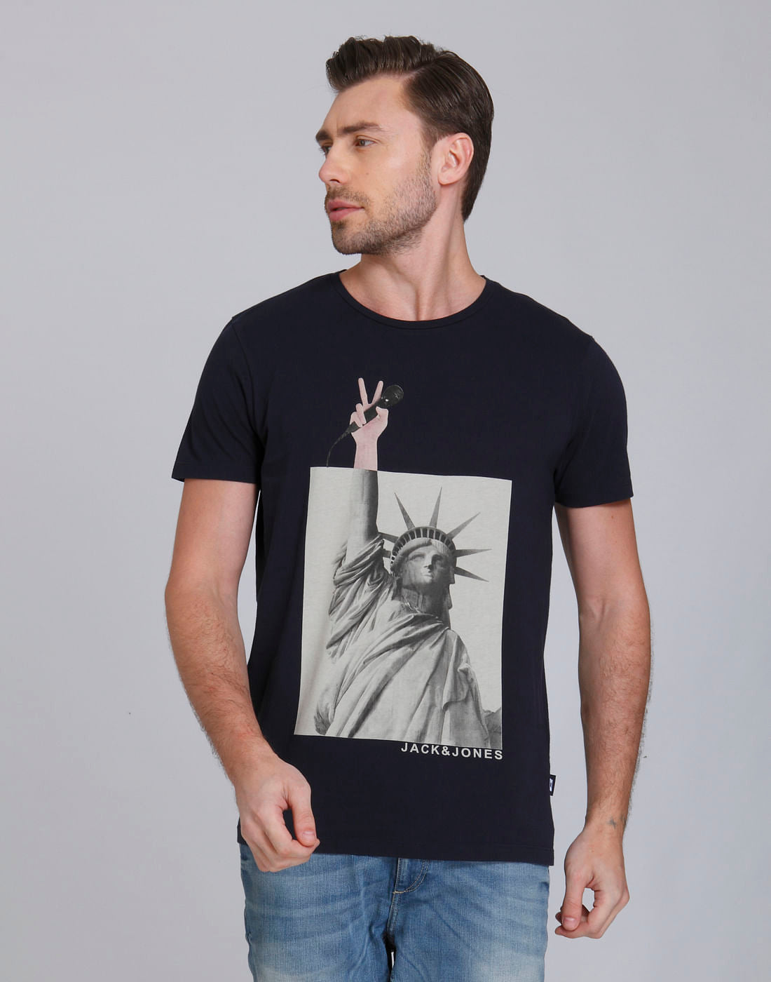 Dark Blue Statue Of Liberty Print Crew Neck T-Shirt - S