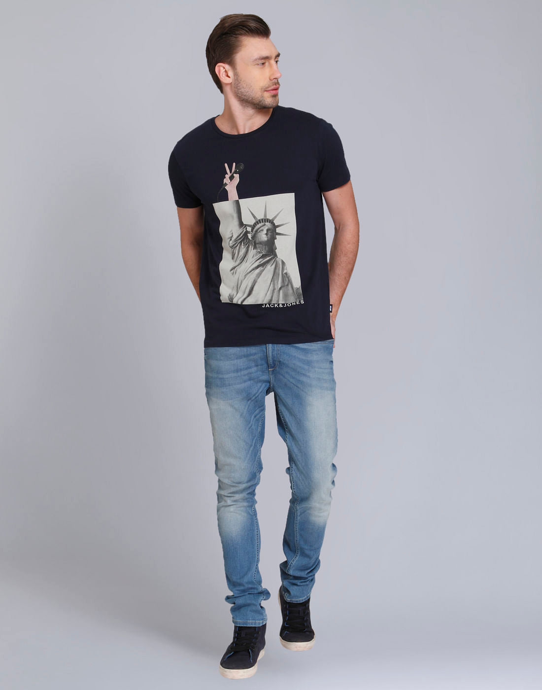 Dark Blue Statue Of Liberty Print Crew Neck T-Shirt