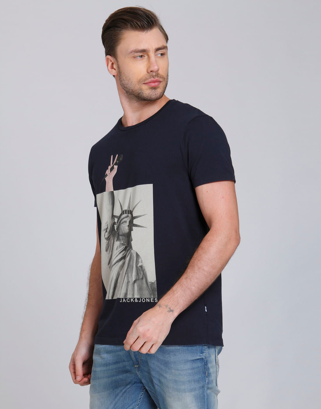Dark Blue Statue Of Liberty Print Crew Neck T-Shirt