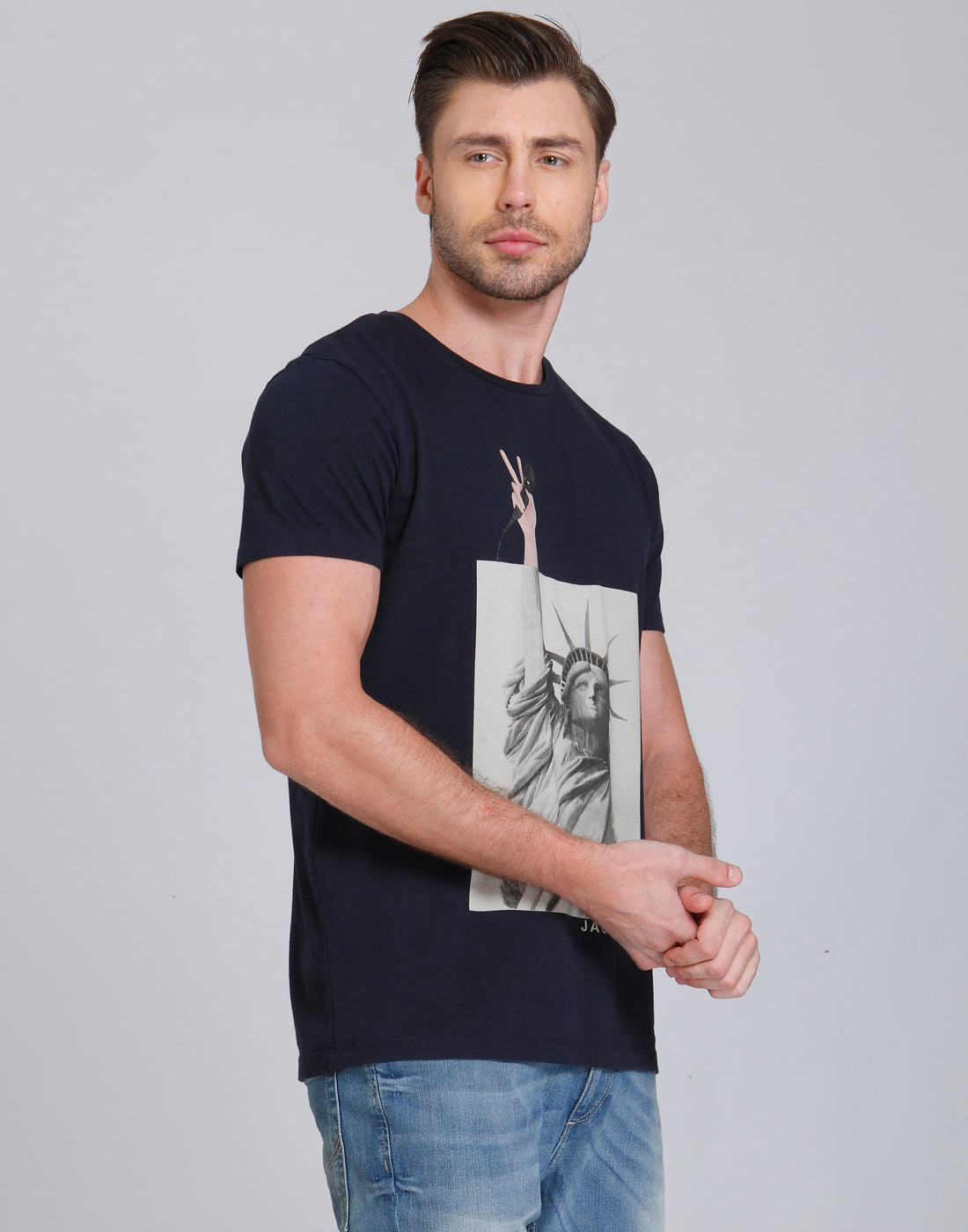 Dark Blue Statue Of Liberty Print Crew Neck T-Shirt