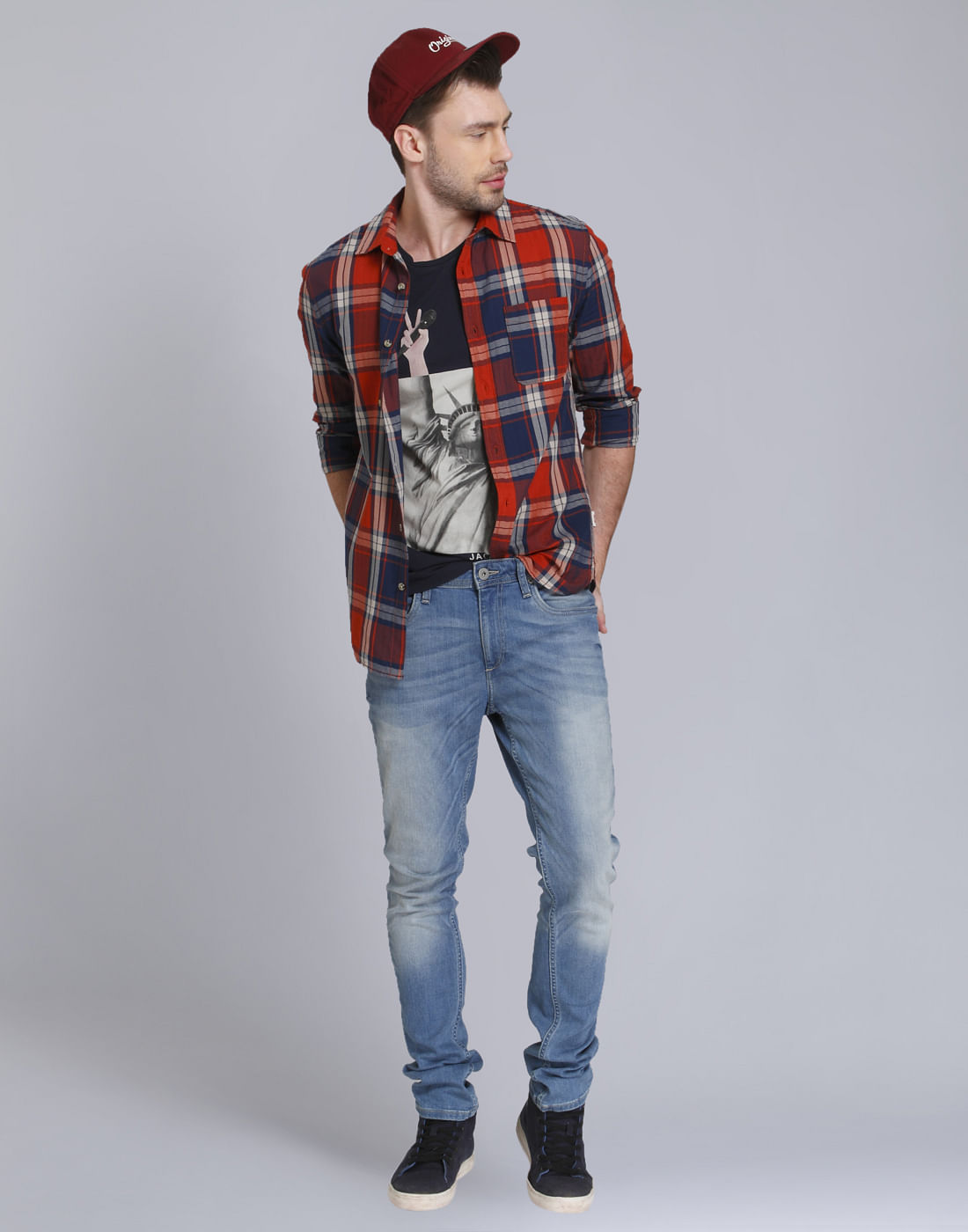 Dark Blue Statue Of Liberty Print Crew Neck T-Shirt
