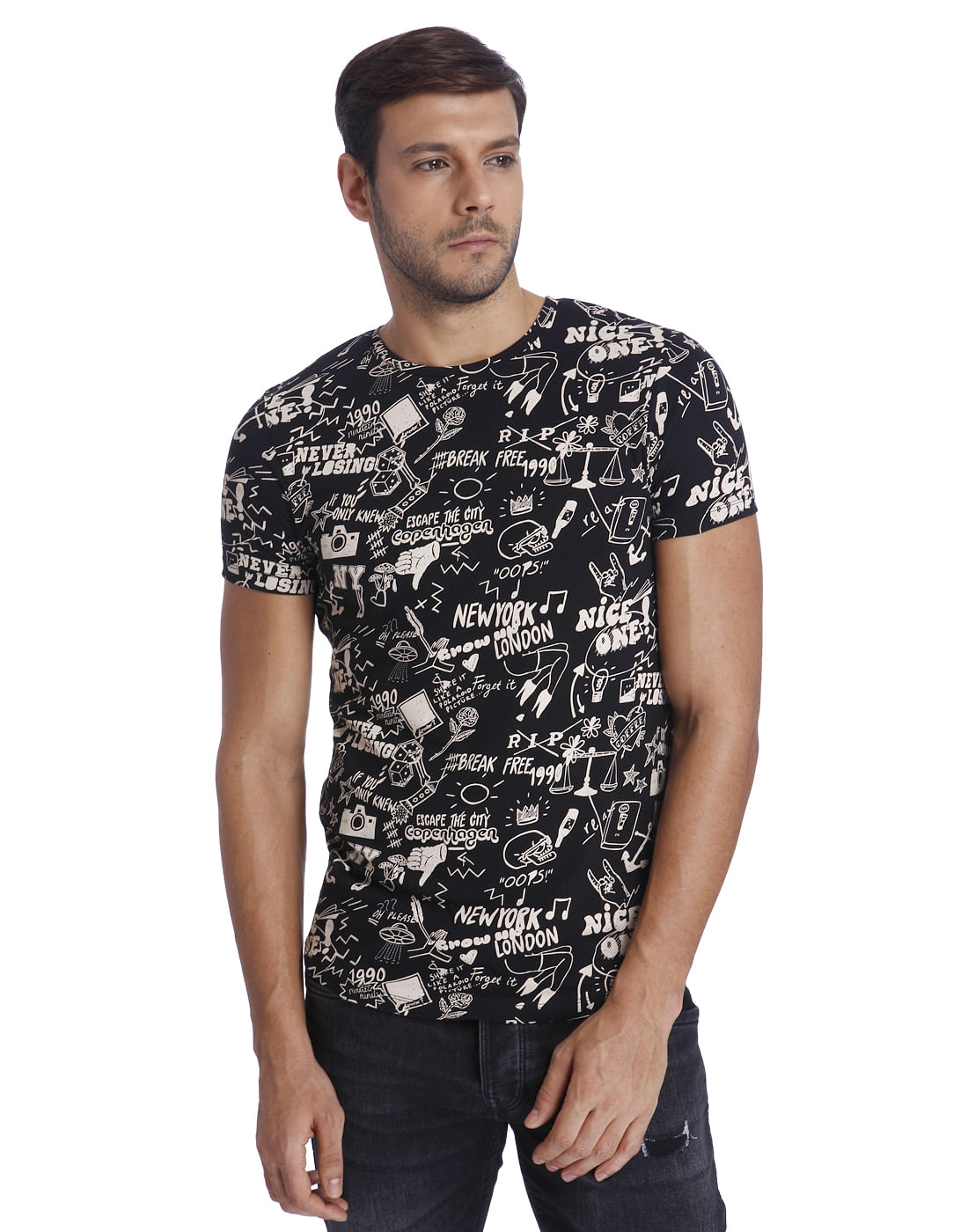 Black Scribble Print Crew Neck T-Shirt - S