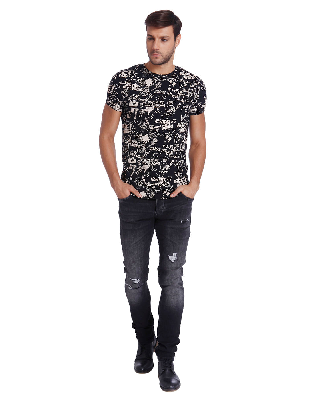 Black Scribble Print Crew Neck T-Shirt