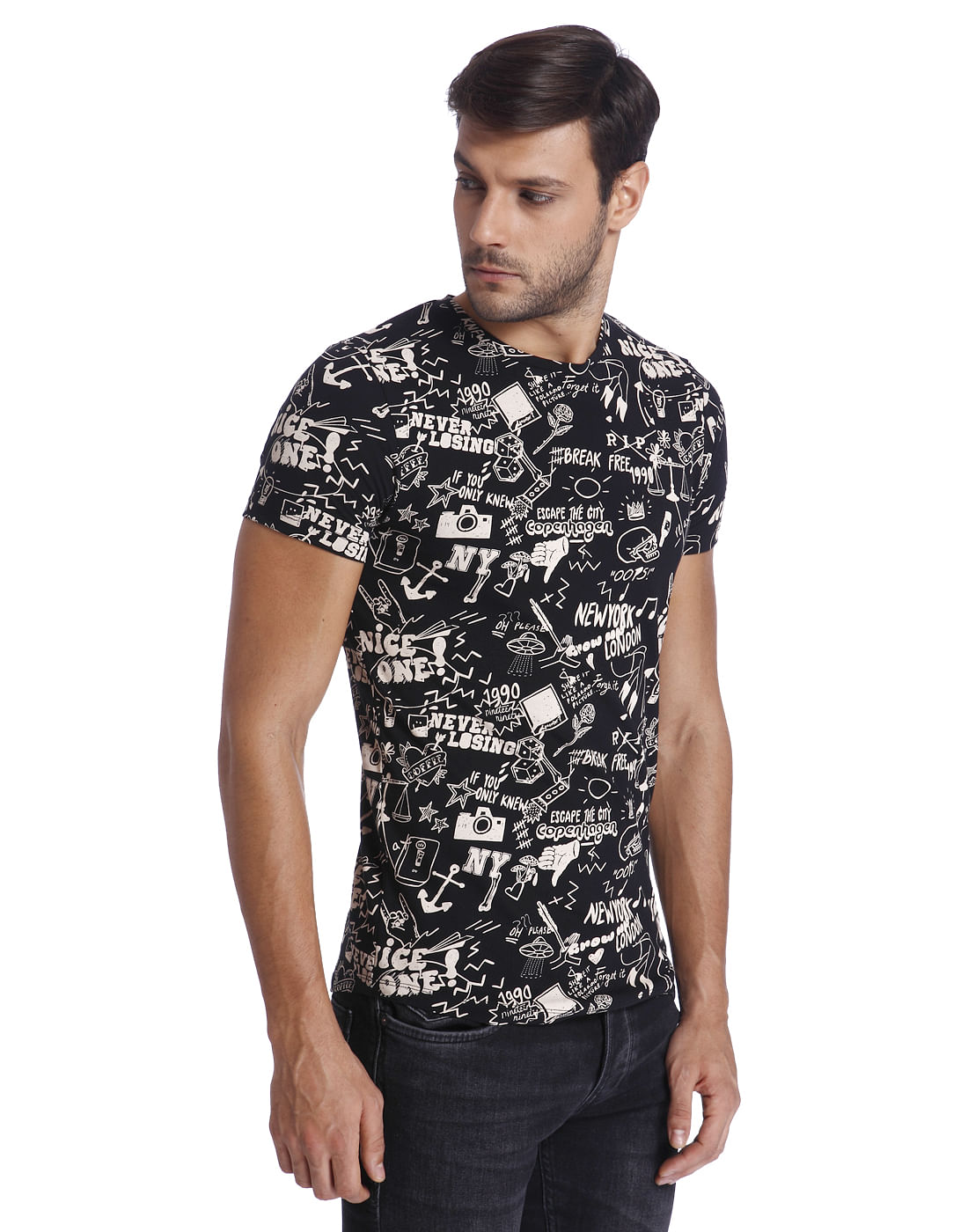 Black Scribble Print Crew Neck T-Shirt