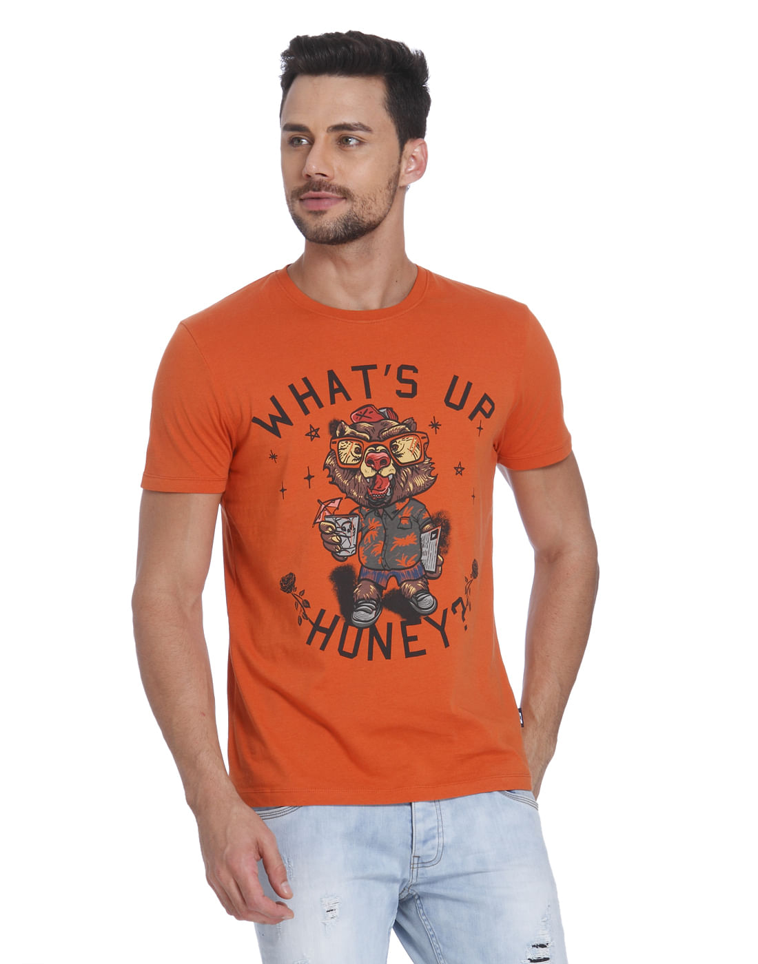 Orange Bear Print Crew Neck T-Shirt - S