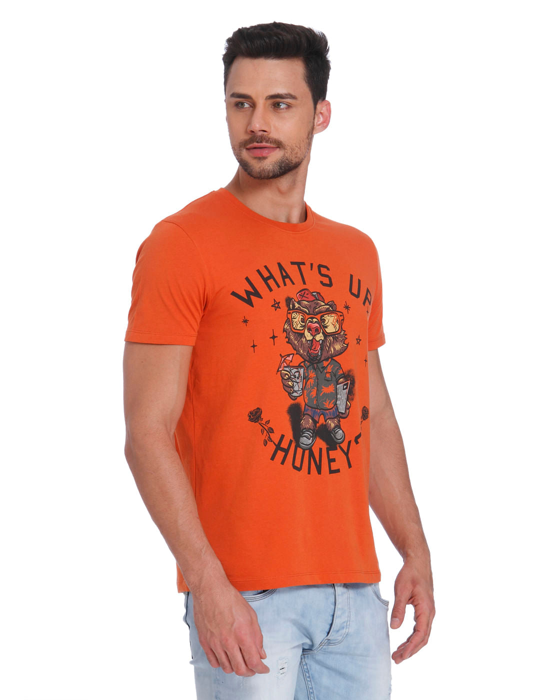 Orange Bear Print Crew Neck T-Shirt
