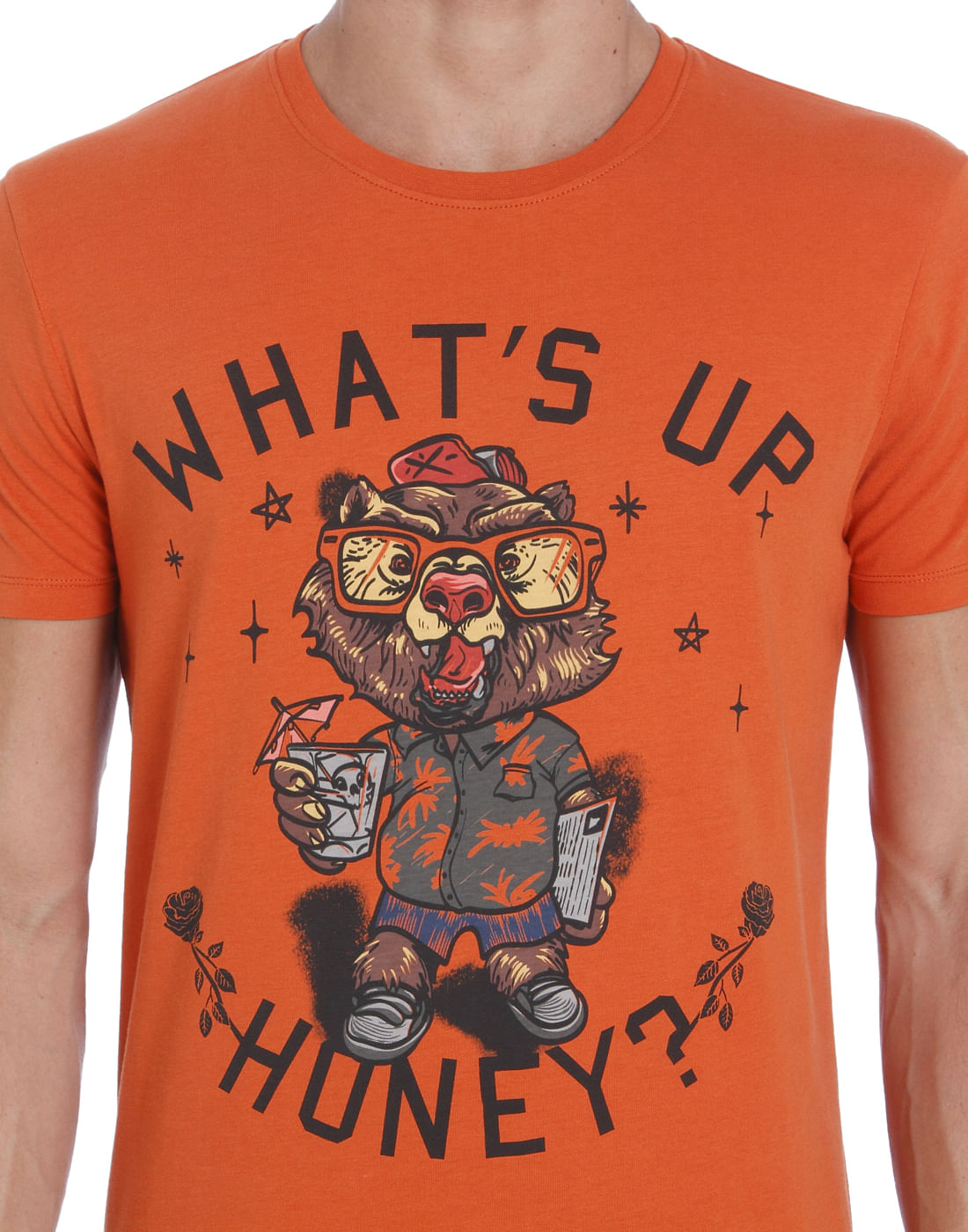 Orange Bear Print Crew Neck T-Shirt