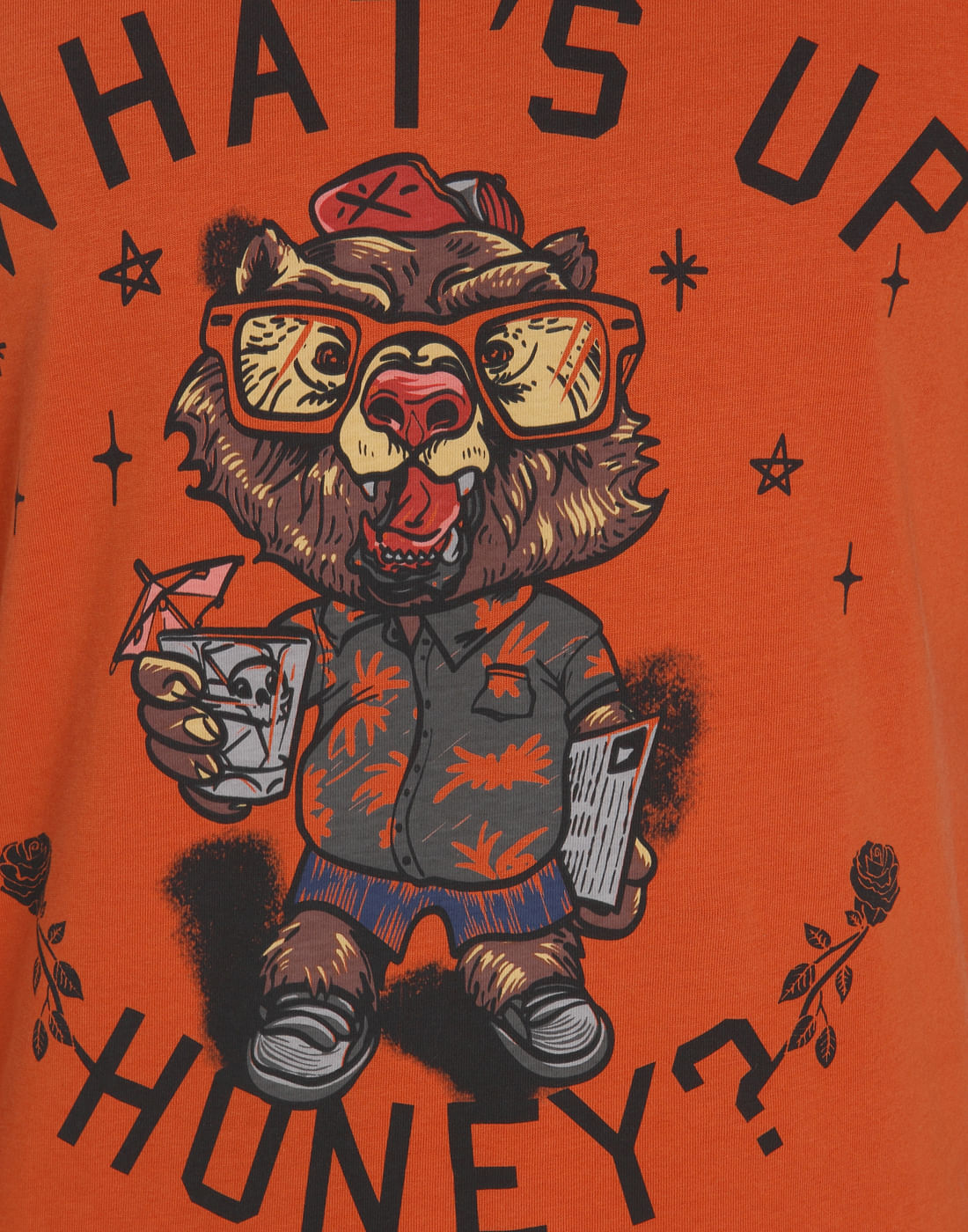 Orange Bear Print Crew Neck T-Shirt