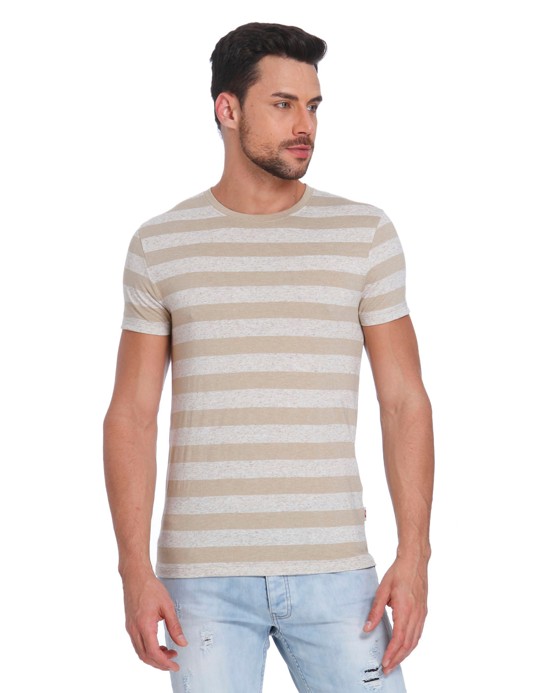 Beige And Grey Striped Crew Neck T-Shirt