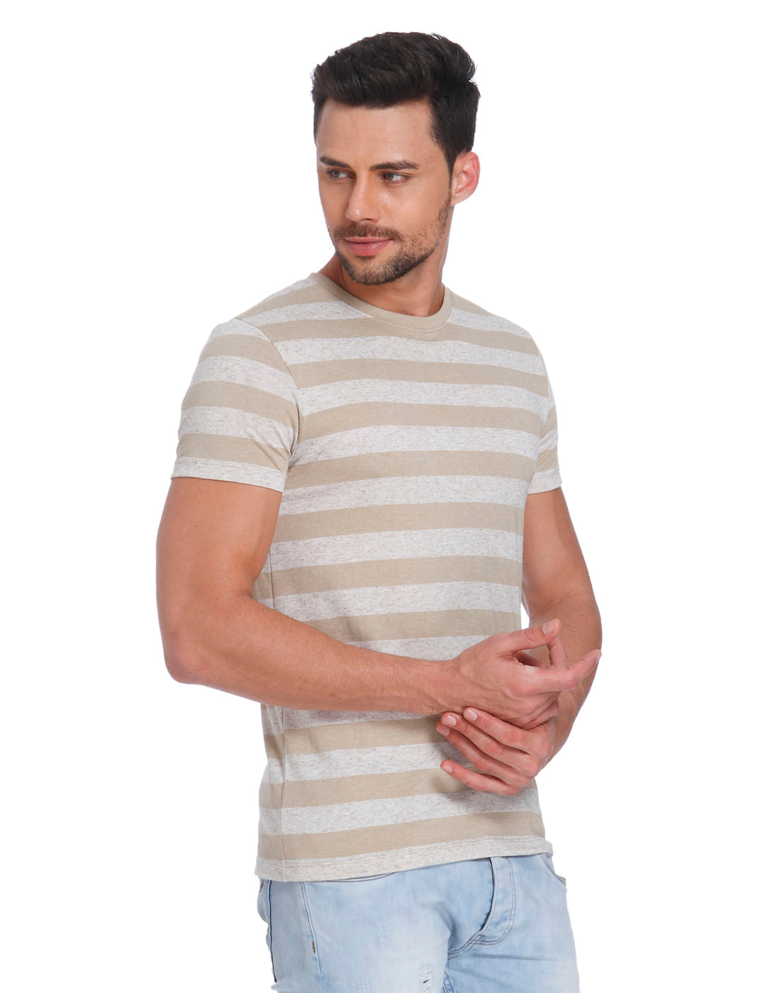 Beige And Grey Striped Crew Neck T-Shirt