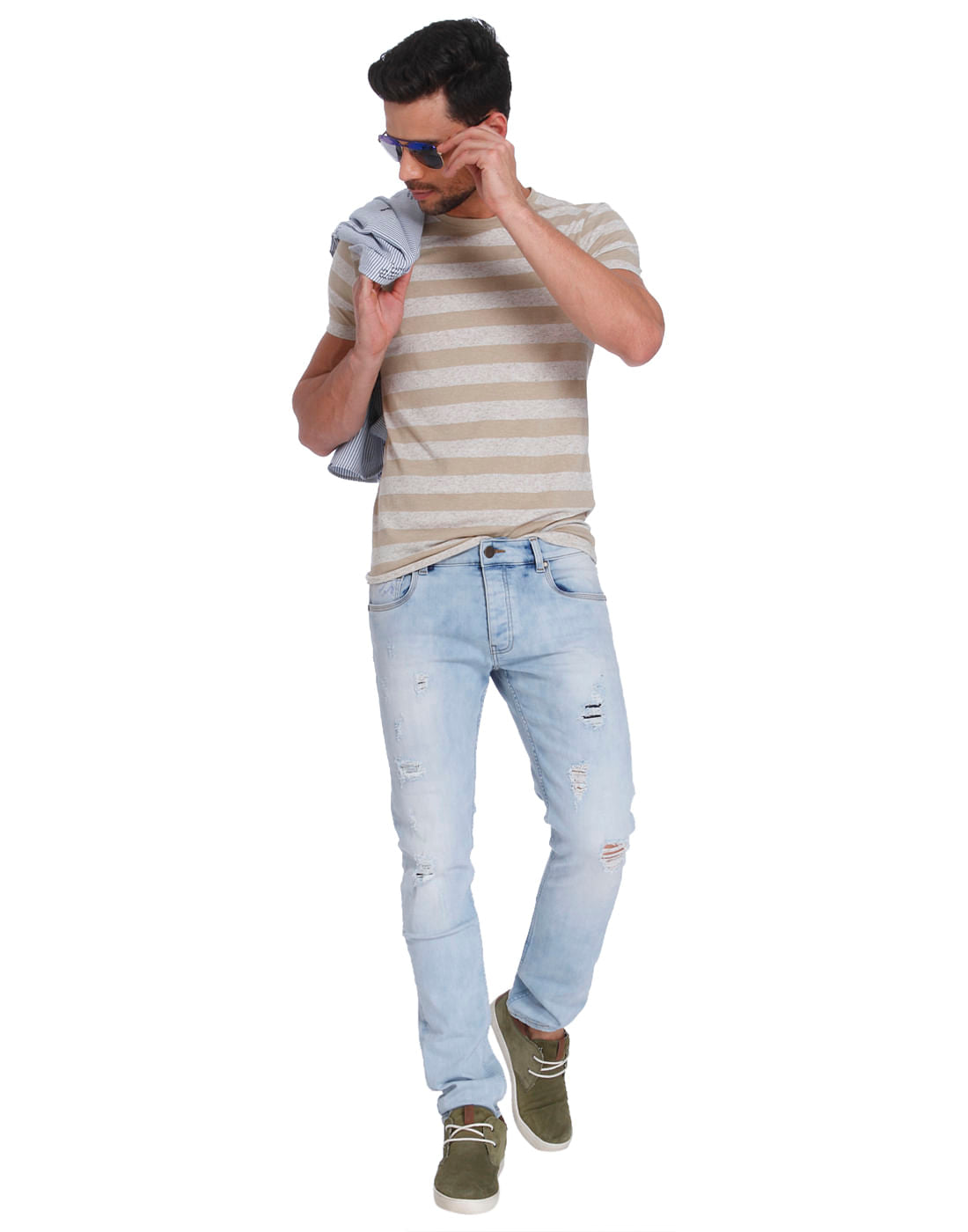 Beige And Grey Striped Crew Neck T-Shirt
