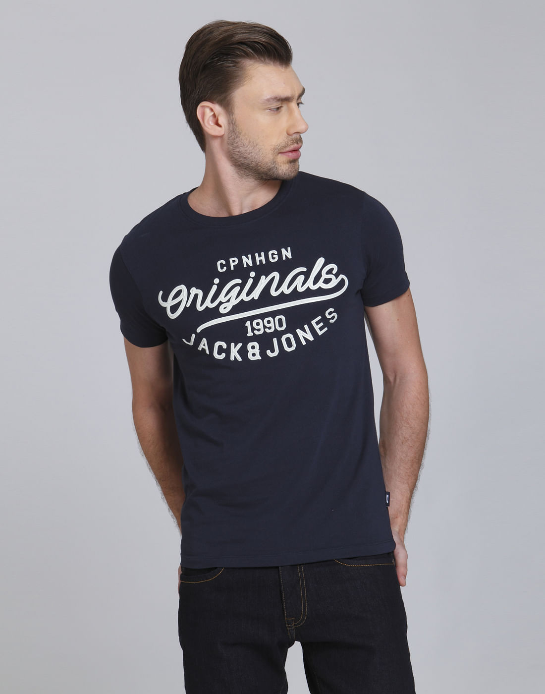 Dark Blue Text Print Crew Neck T-Shirt - S