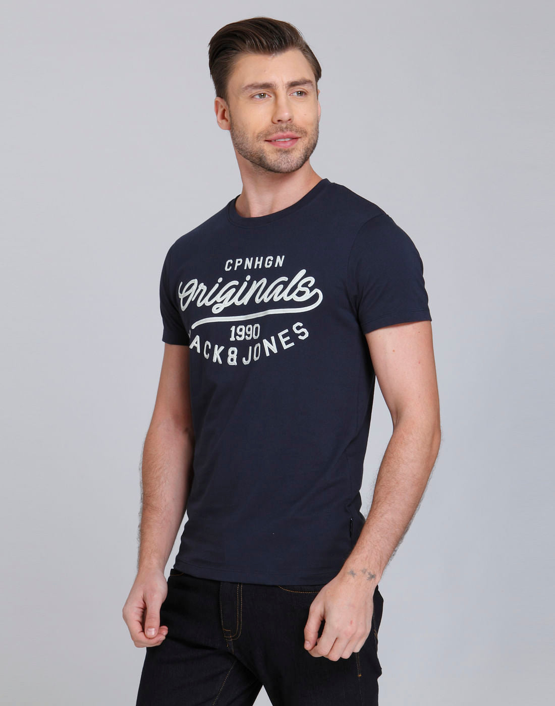 Dark Blue Text Print Crew Neck T-Shirt