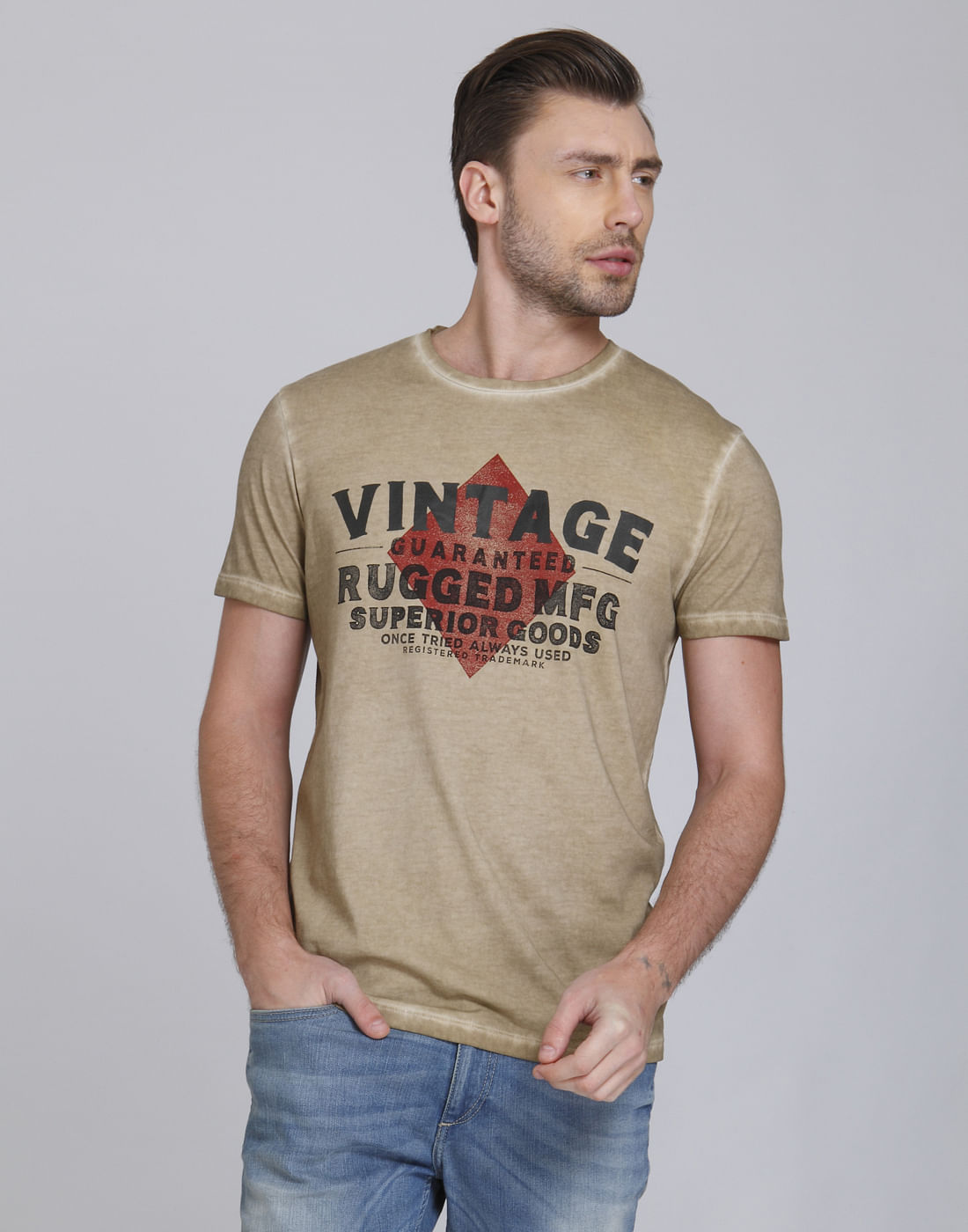 Beige Text Print Crew Neck T-Shirt - S