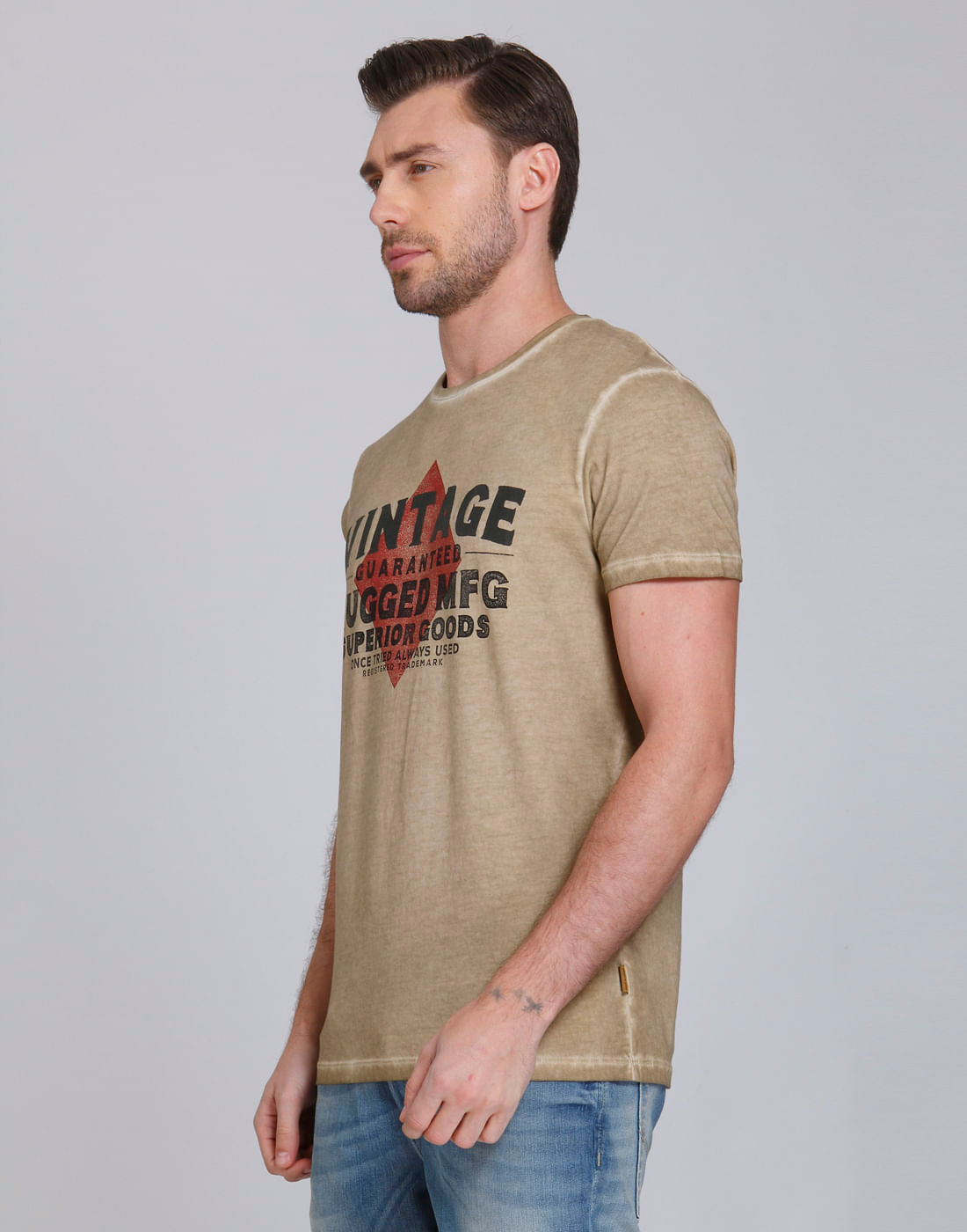 Beige Text Print Crew Neck T-Shirt