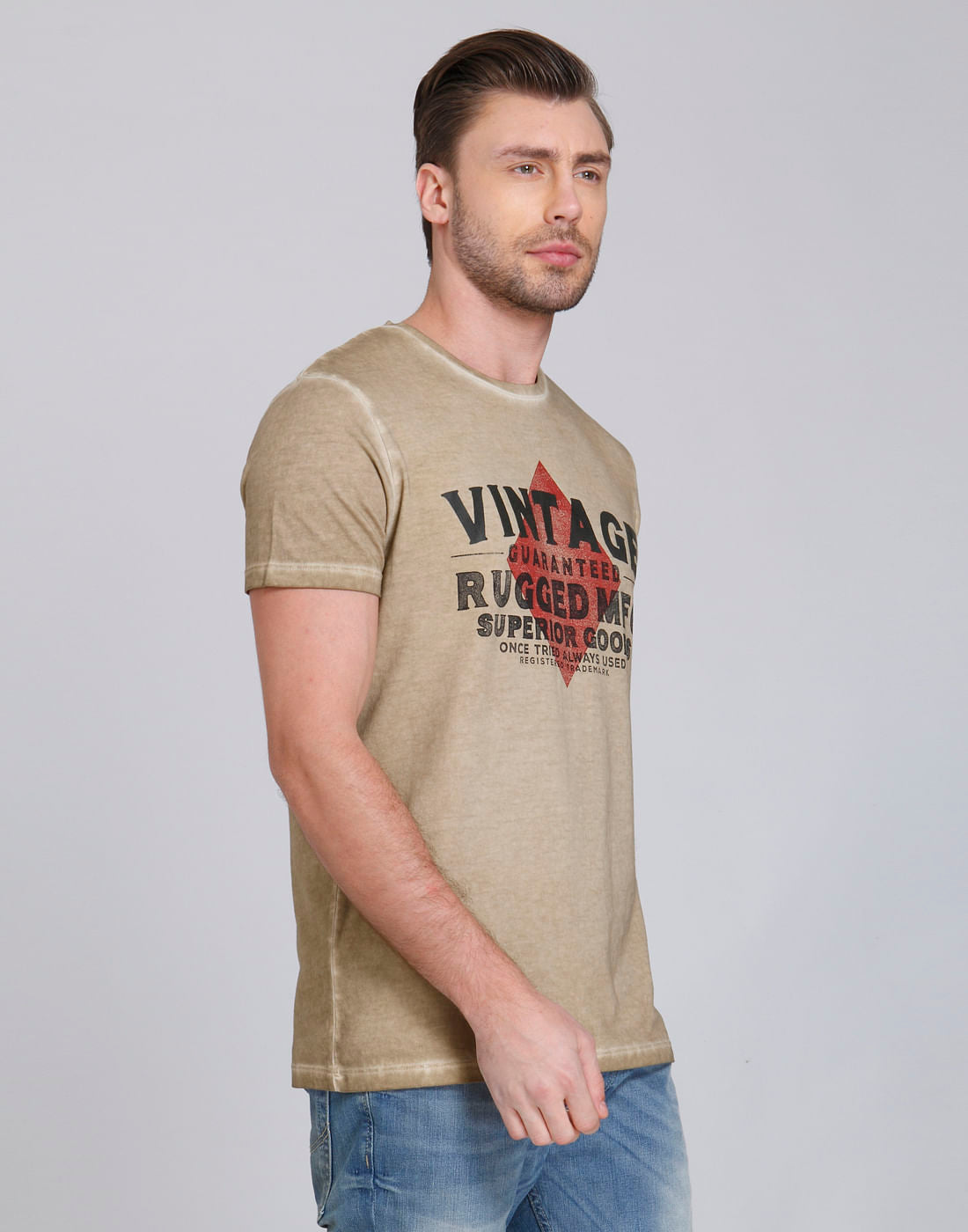 Beige Text Print Crew Neck T-Shirt