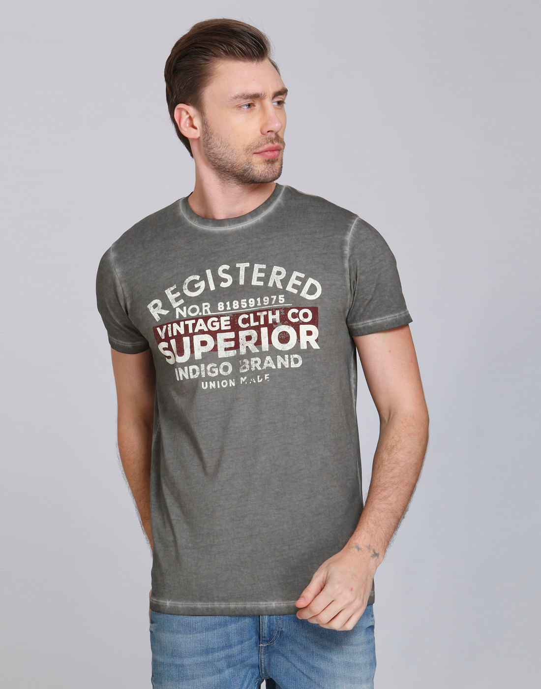 Grey Text Print Crew Neck T-Shirt - S