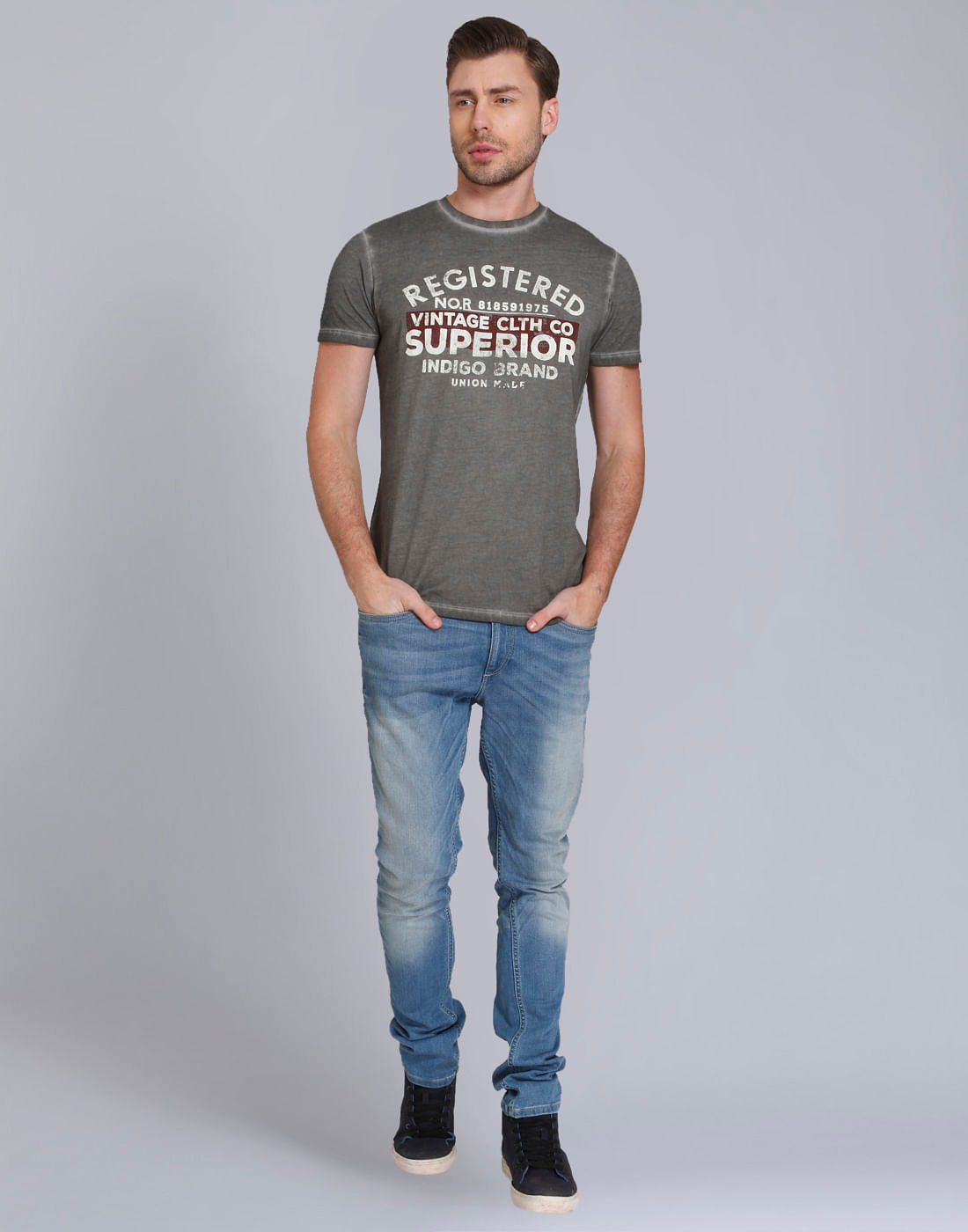Grey Text Print Crew Neck T-Shirt