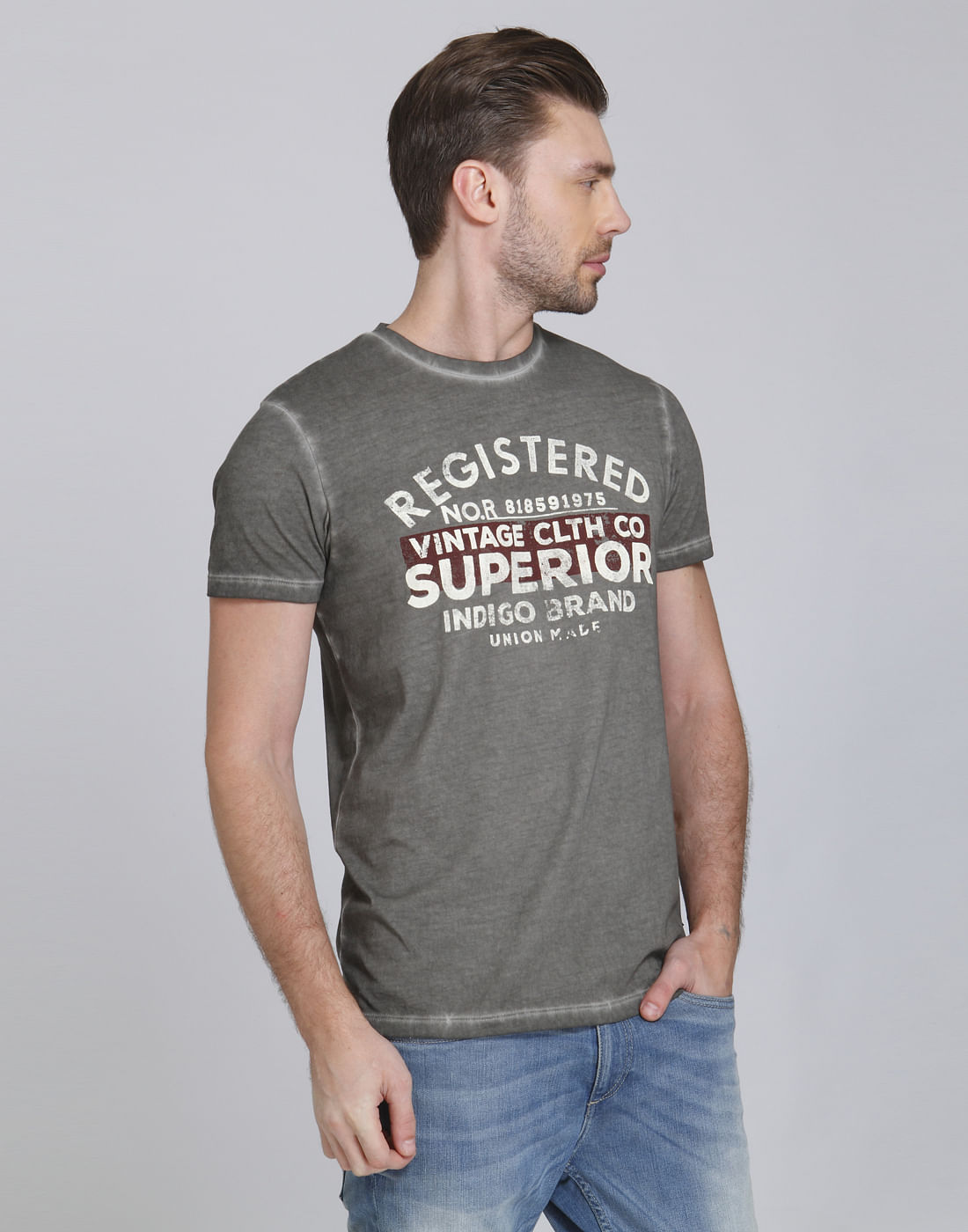 Grey Text Print Crew Neck T-Shirt