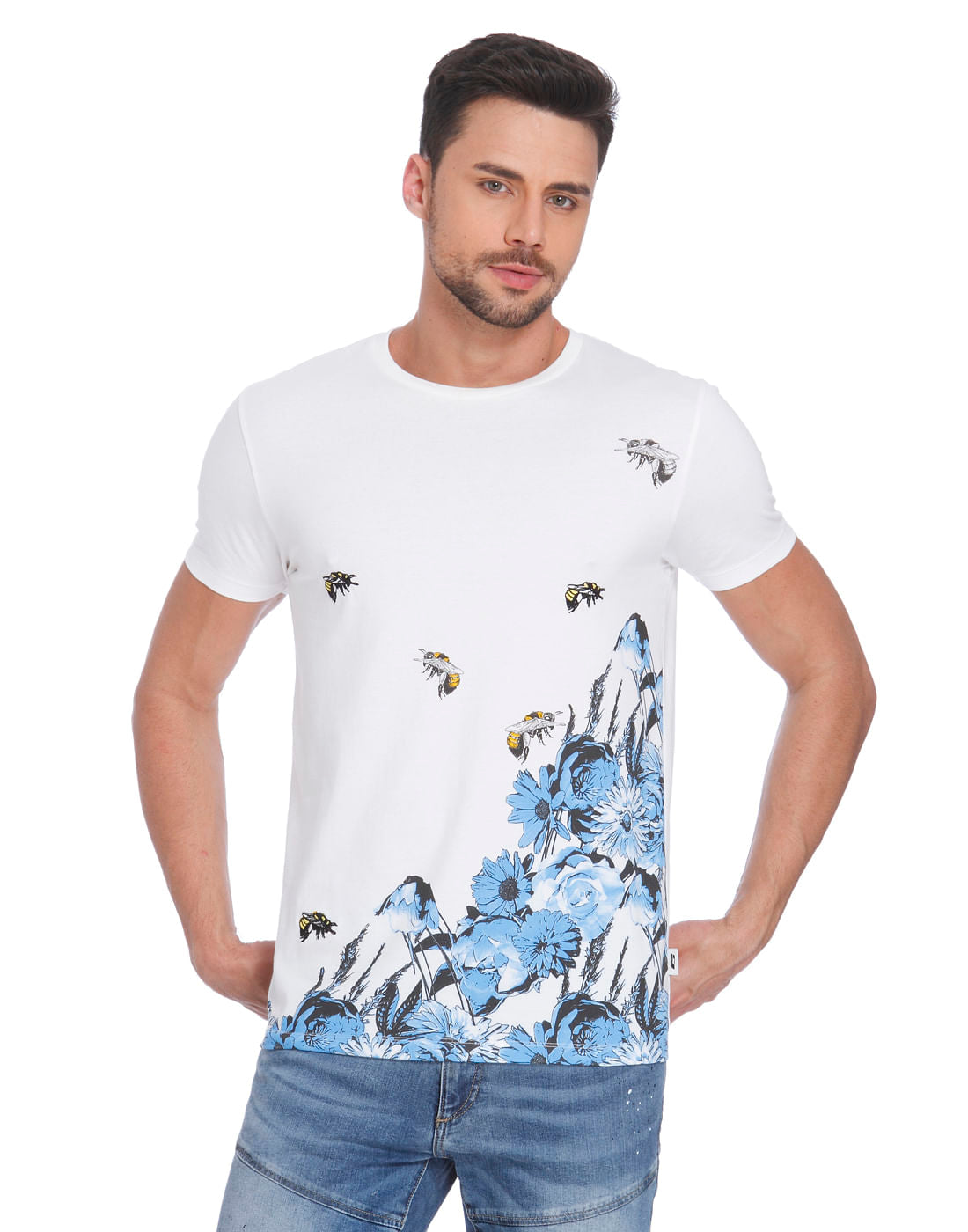White Bee Print Crew Neck T-Shirt - S