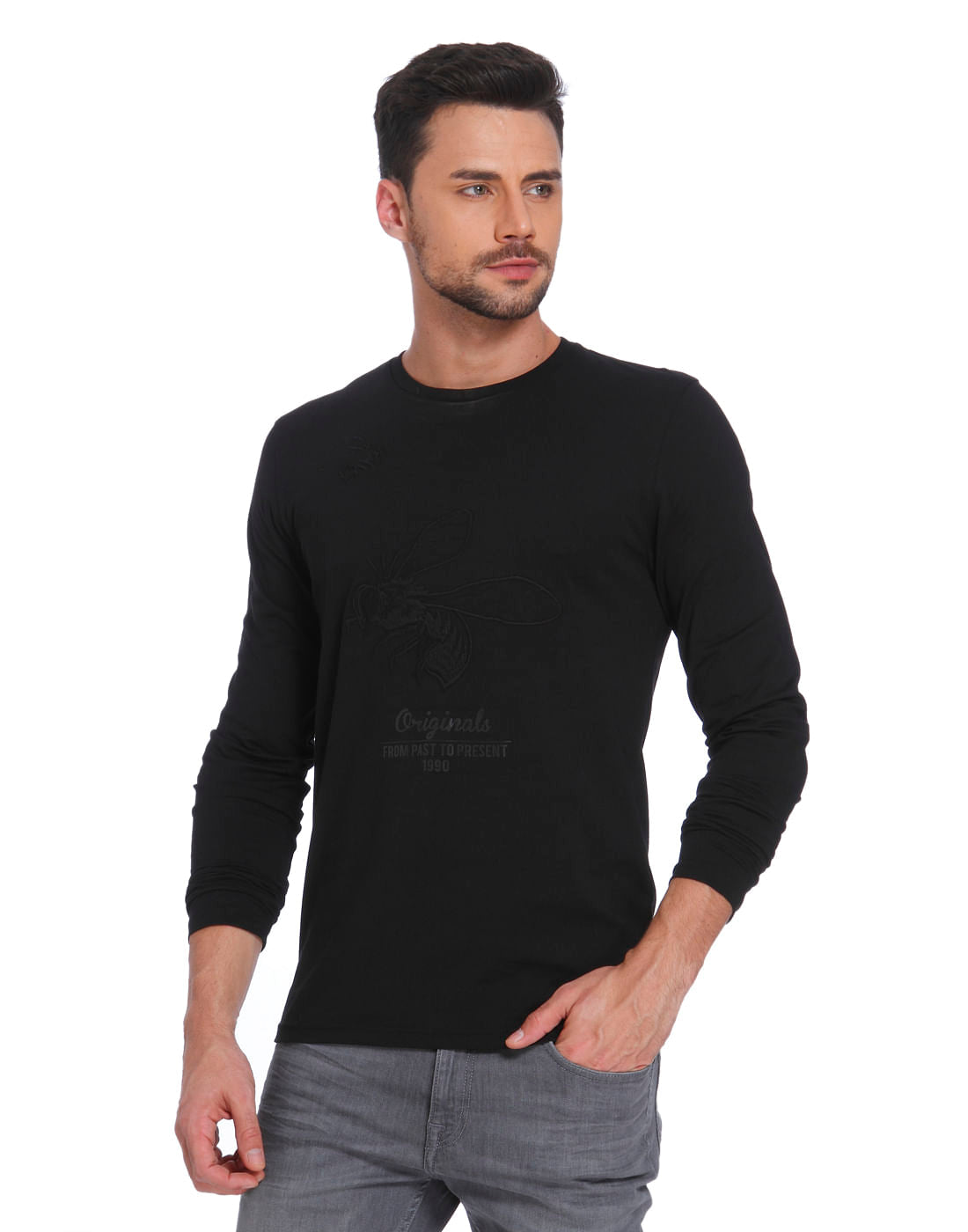 Black Bee Print Crew Neck T-Shirt - S
