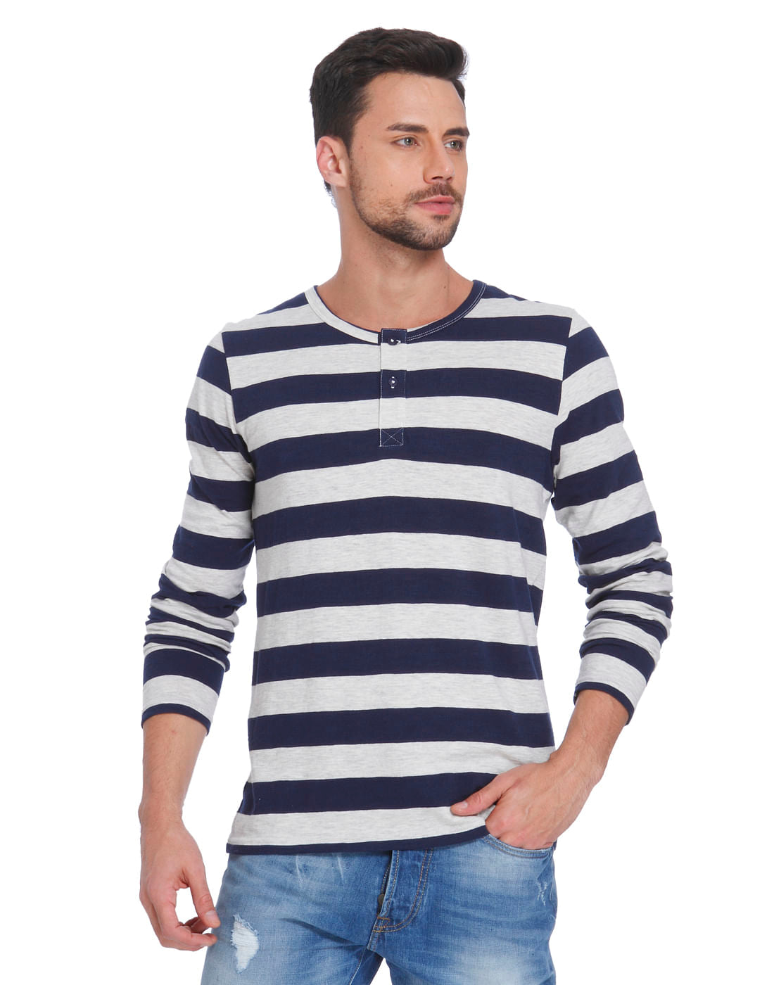 Dark Blue Striped Crew Neck T-Shirt - S