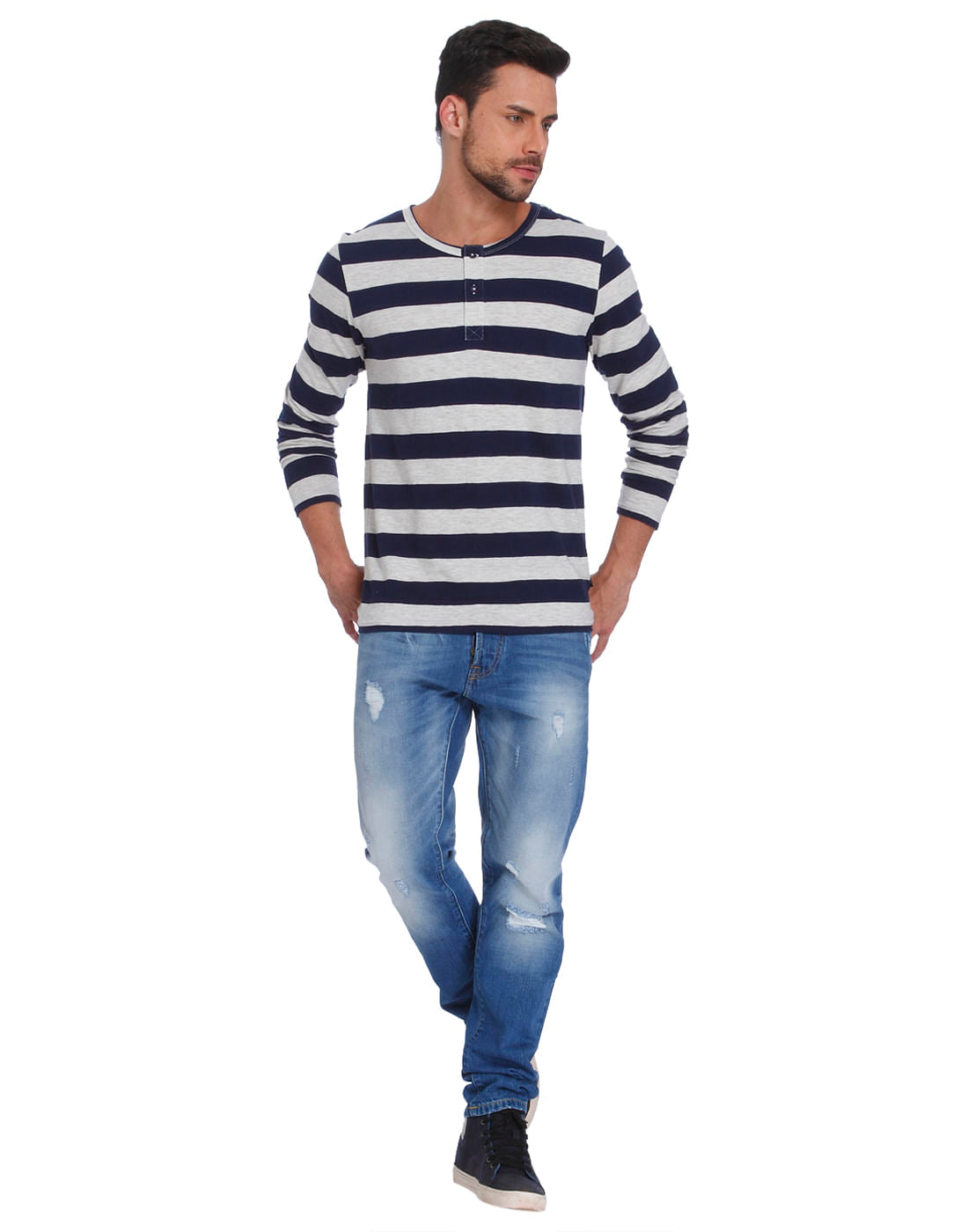 Dark Blue Striped Crew Neck T-Shirt