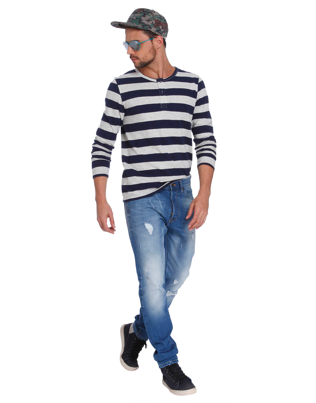 Dark Blue Striped Crew Neck T-Shirt