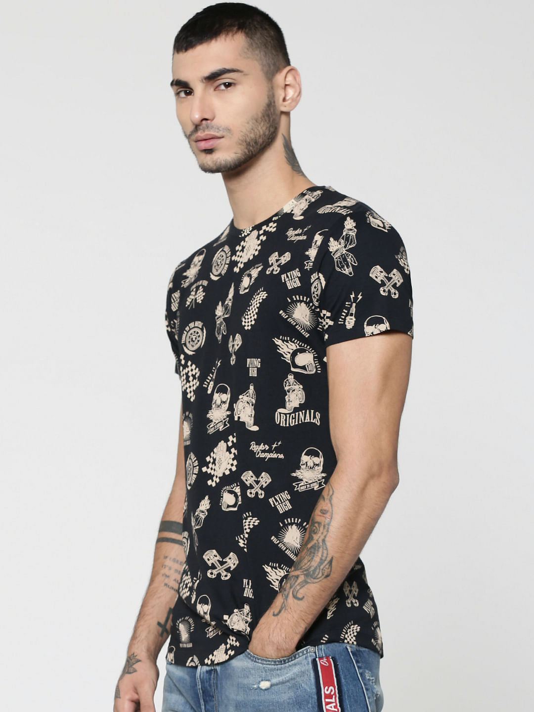 Black Motorcycle & Text Print Crew Neck T-Shirt
