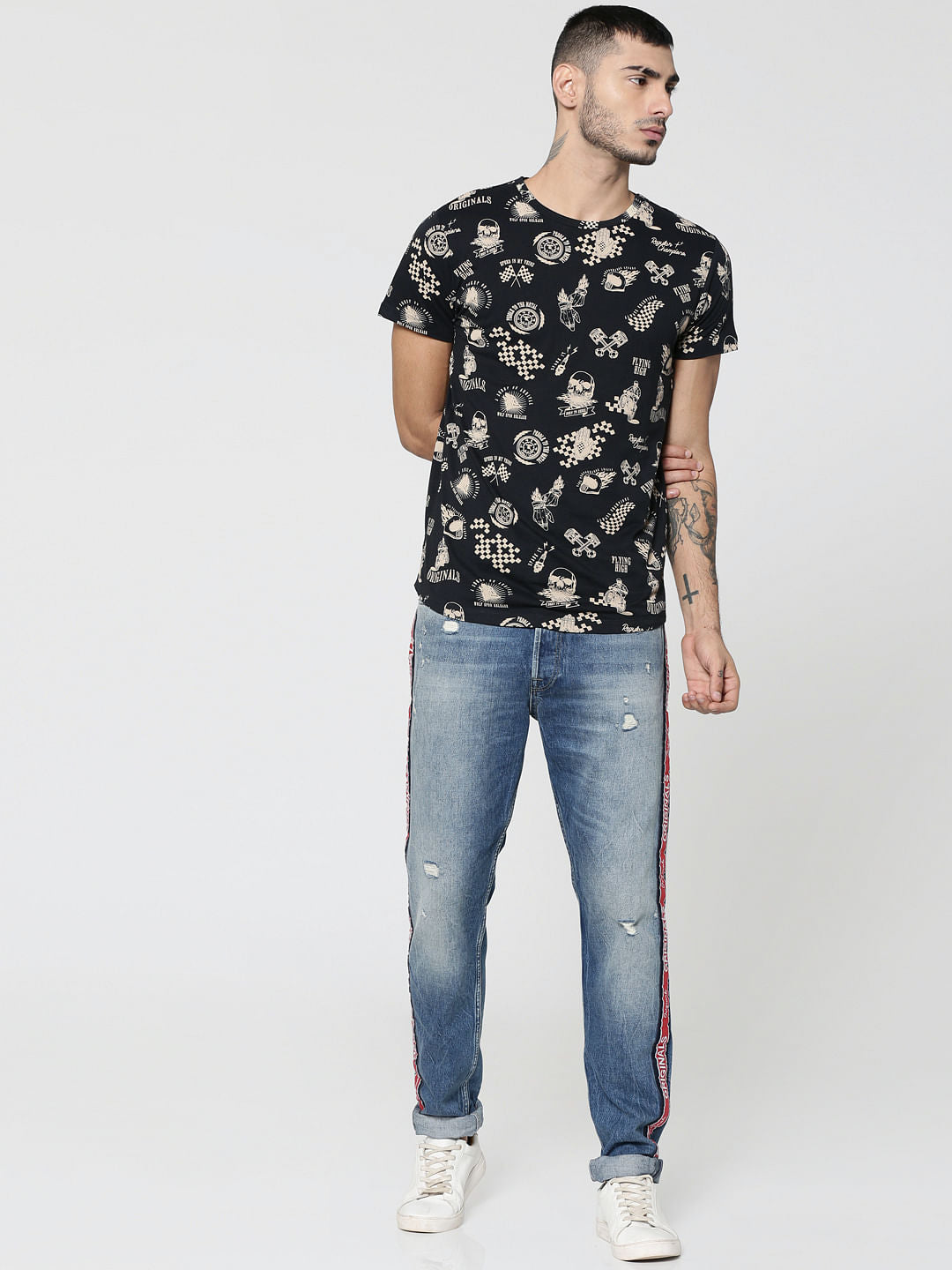 Black Motorcycle & Text Print Crew Neck T-Shirt