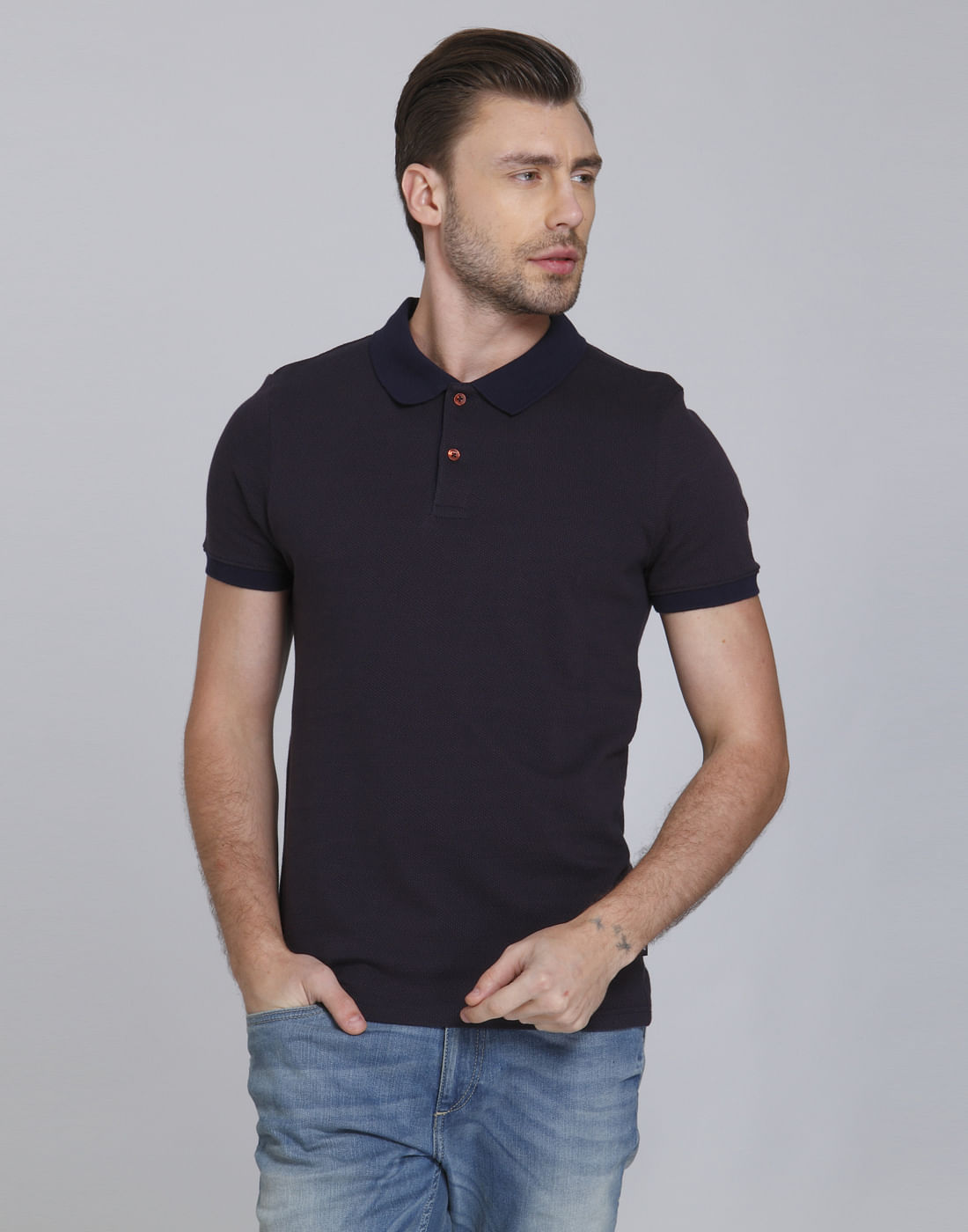 Dark Blue Polo Neck T-Shirt - S