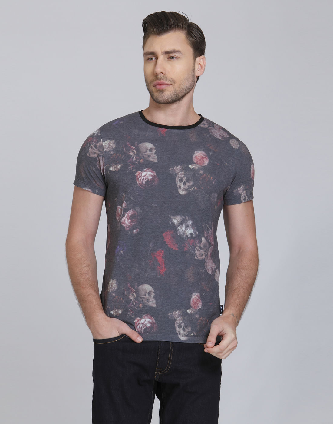 Grey Skull Print Crew Neck T-Shirt