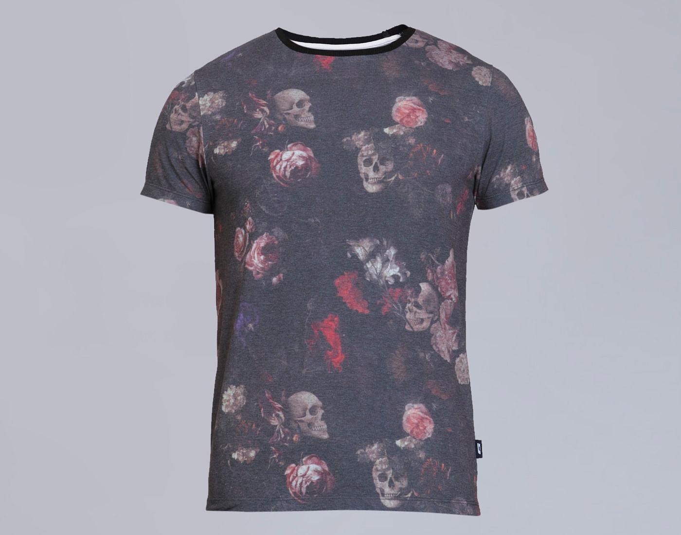 Grey Skull Print Crew Neck T-Shirt